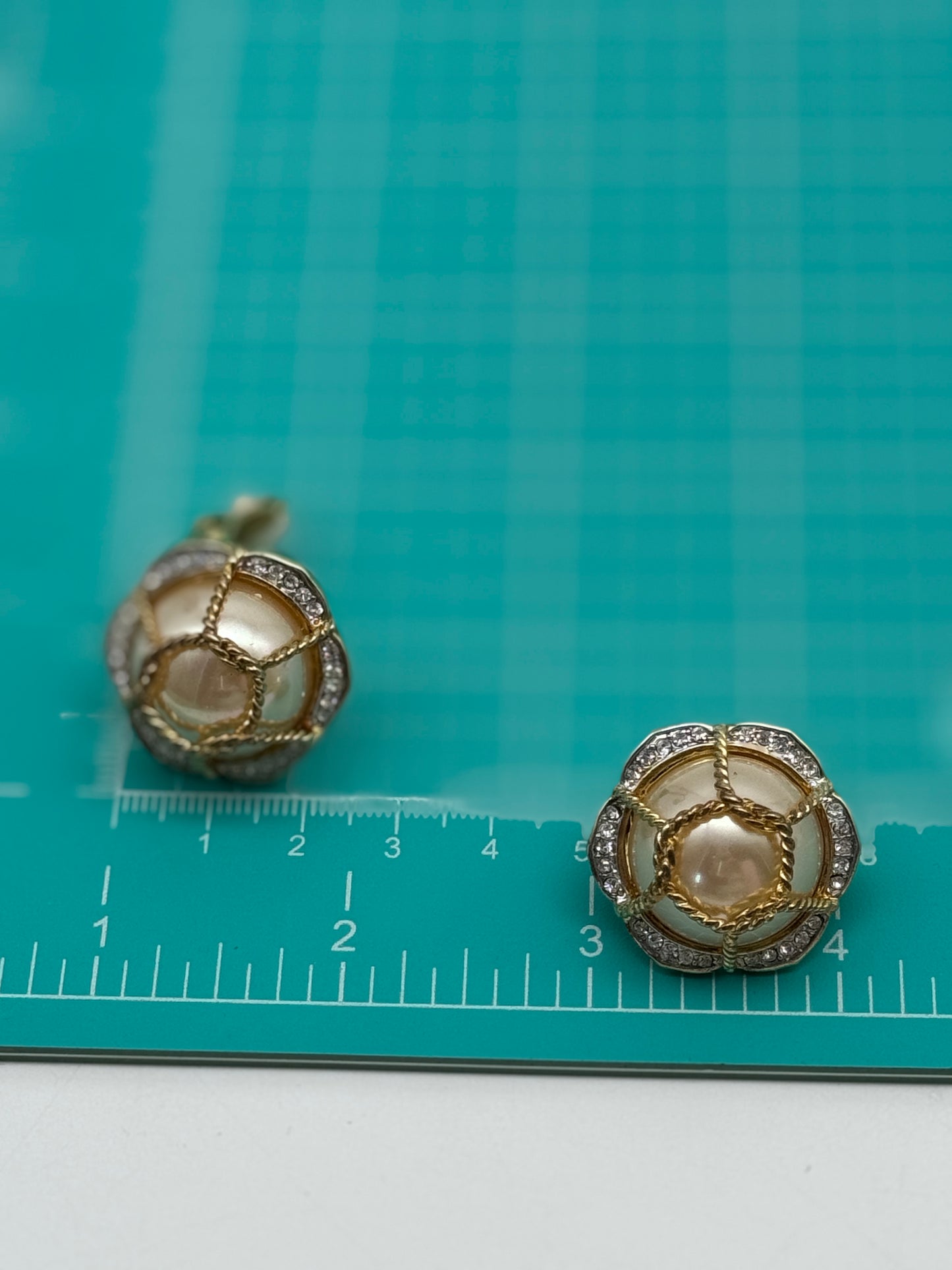 Vintage Faux Pearl Rhinestone Gold Tone Clip-On Earrings SIGNED D
