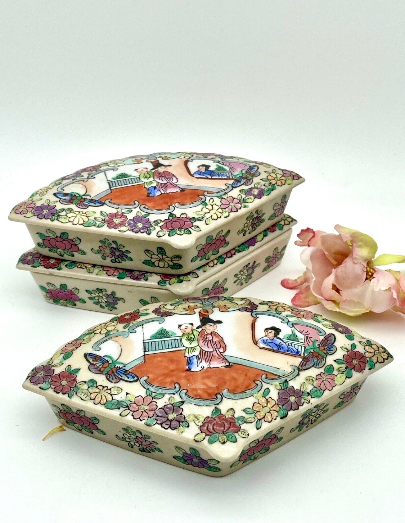 Vintage Chinoiserie Famille Rose Trinket Box Set originally sold by MILLER RHOADS Department Store
