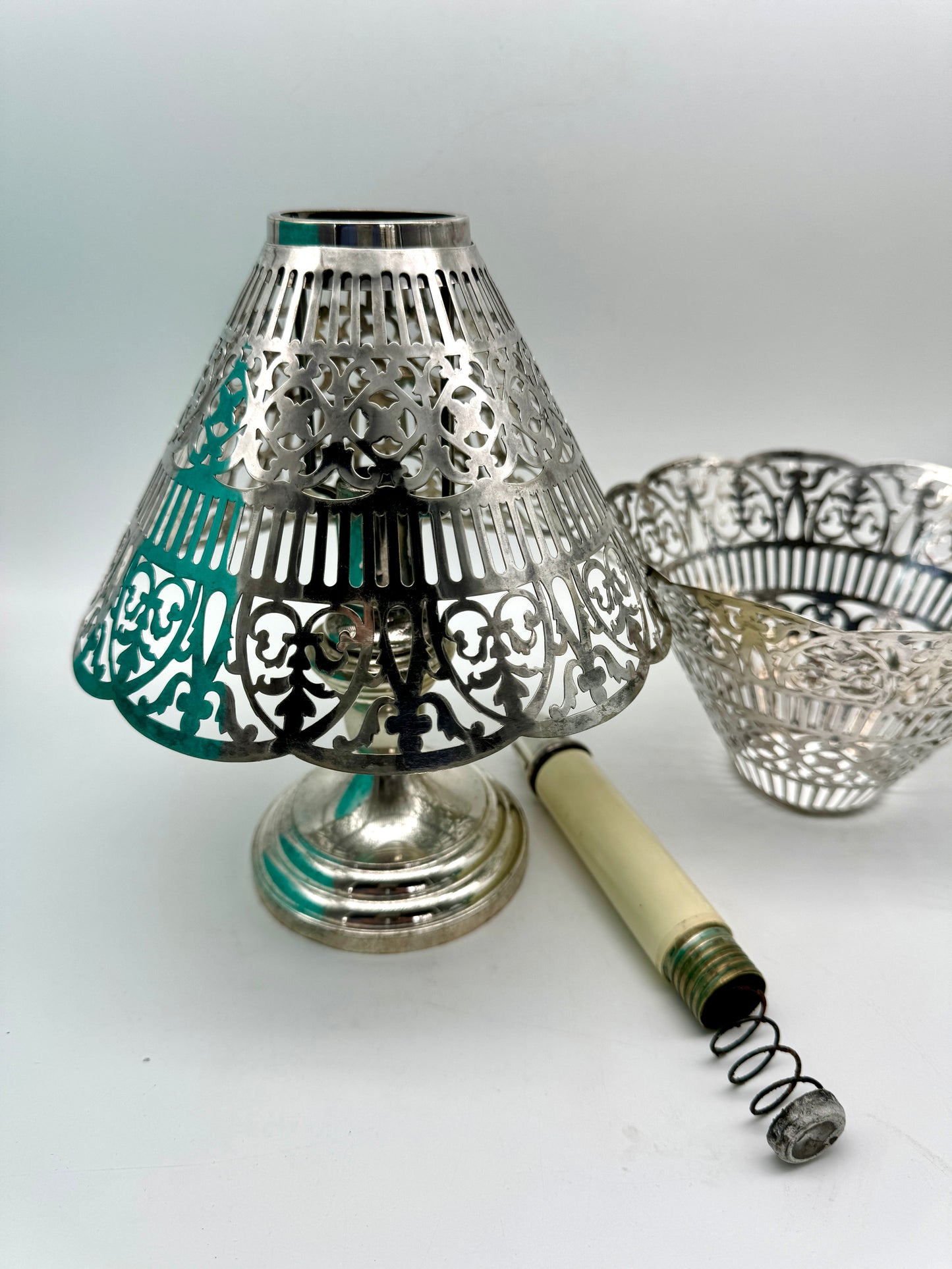 Pair of Vintage Reticulated Silver Plate Gorham Lamp Shades with Gorham Shade Holders