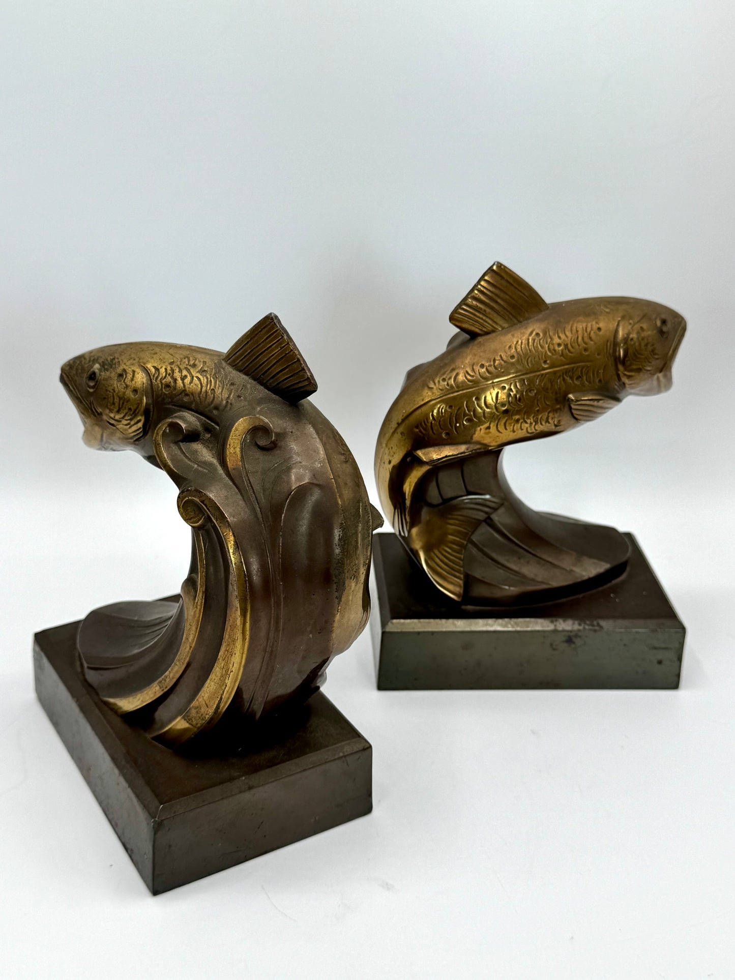 Vintage ART DECO Bronze Brass Style Book Ends TROUT Fish Estate Find Heavy!