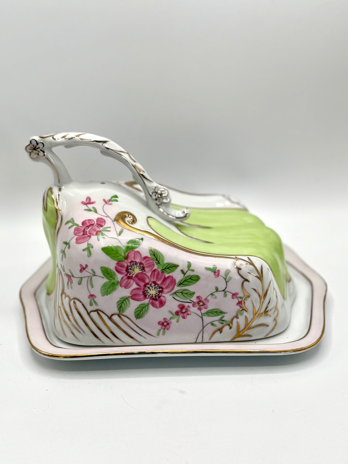 Antique PINK FLORAL Cheese Cloche Art Nouveau Style ESTATE FIND