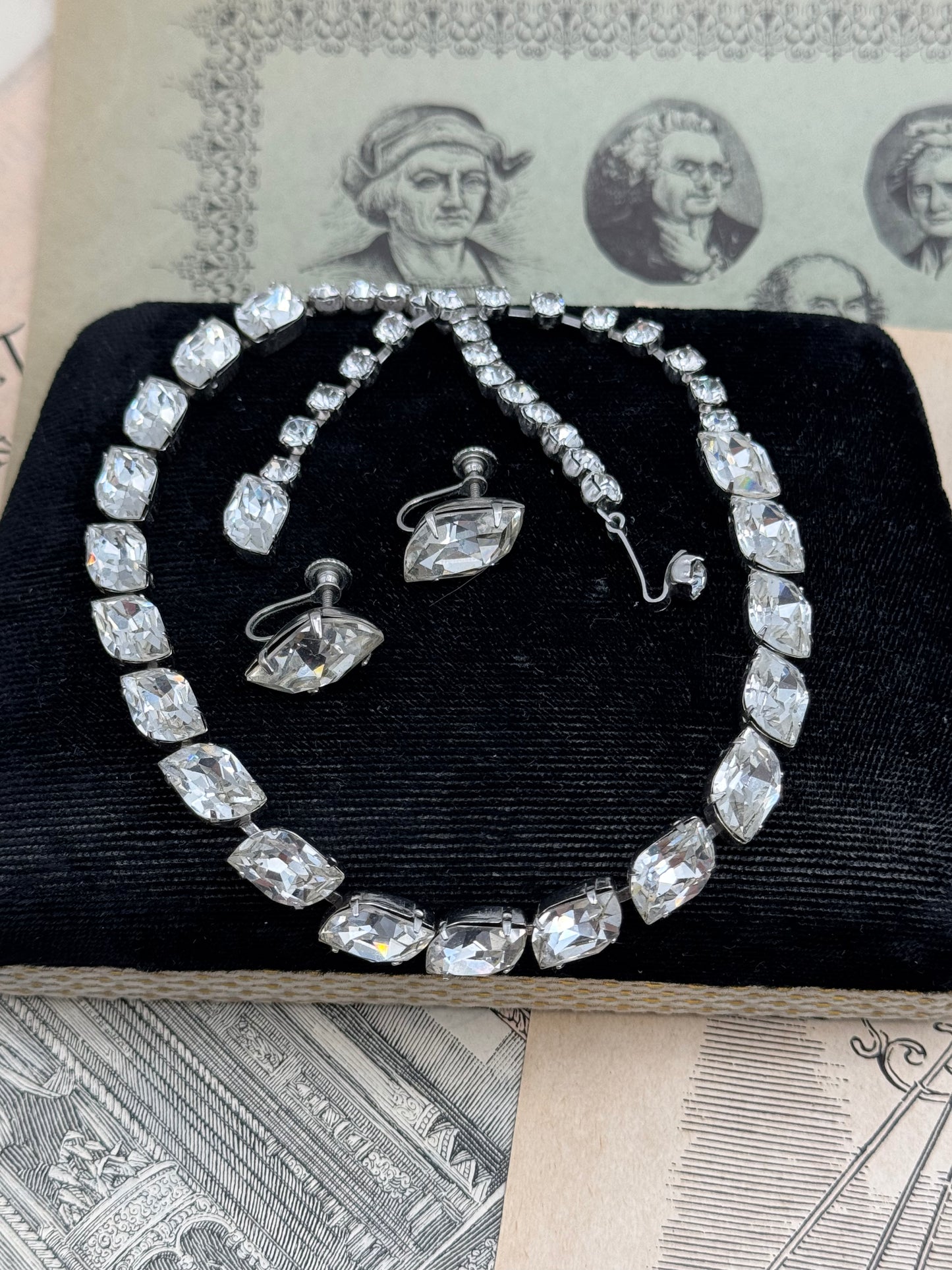 Vintage SIGNED WEISS Demi Parure Earrings Necklace Clear Rhinestones ORIGINAL Albert Weiss Box