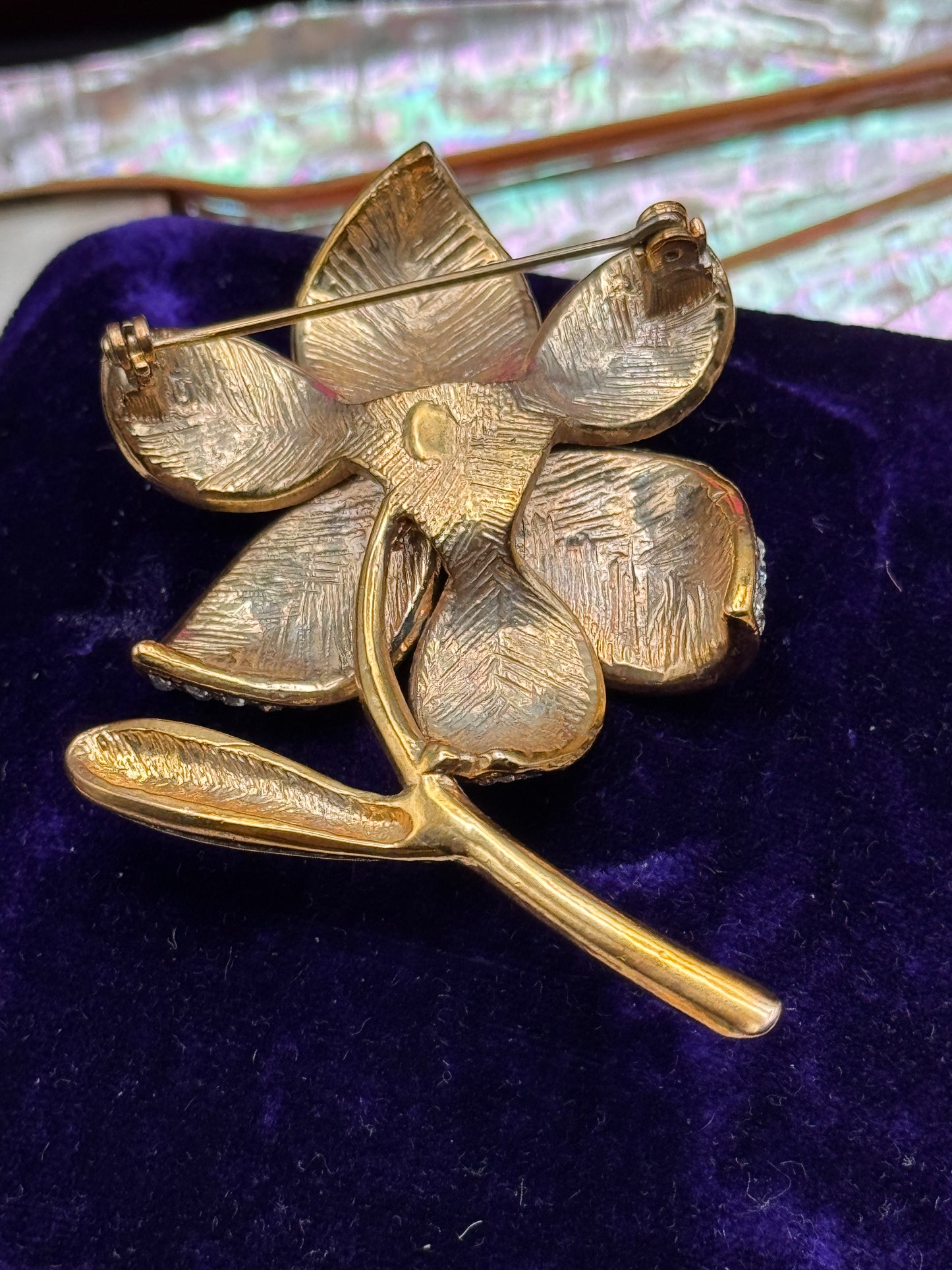 Vintage Flower Brooch Goldtone Clear Rhinestone Statement Brooch 3”
