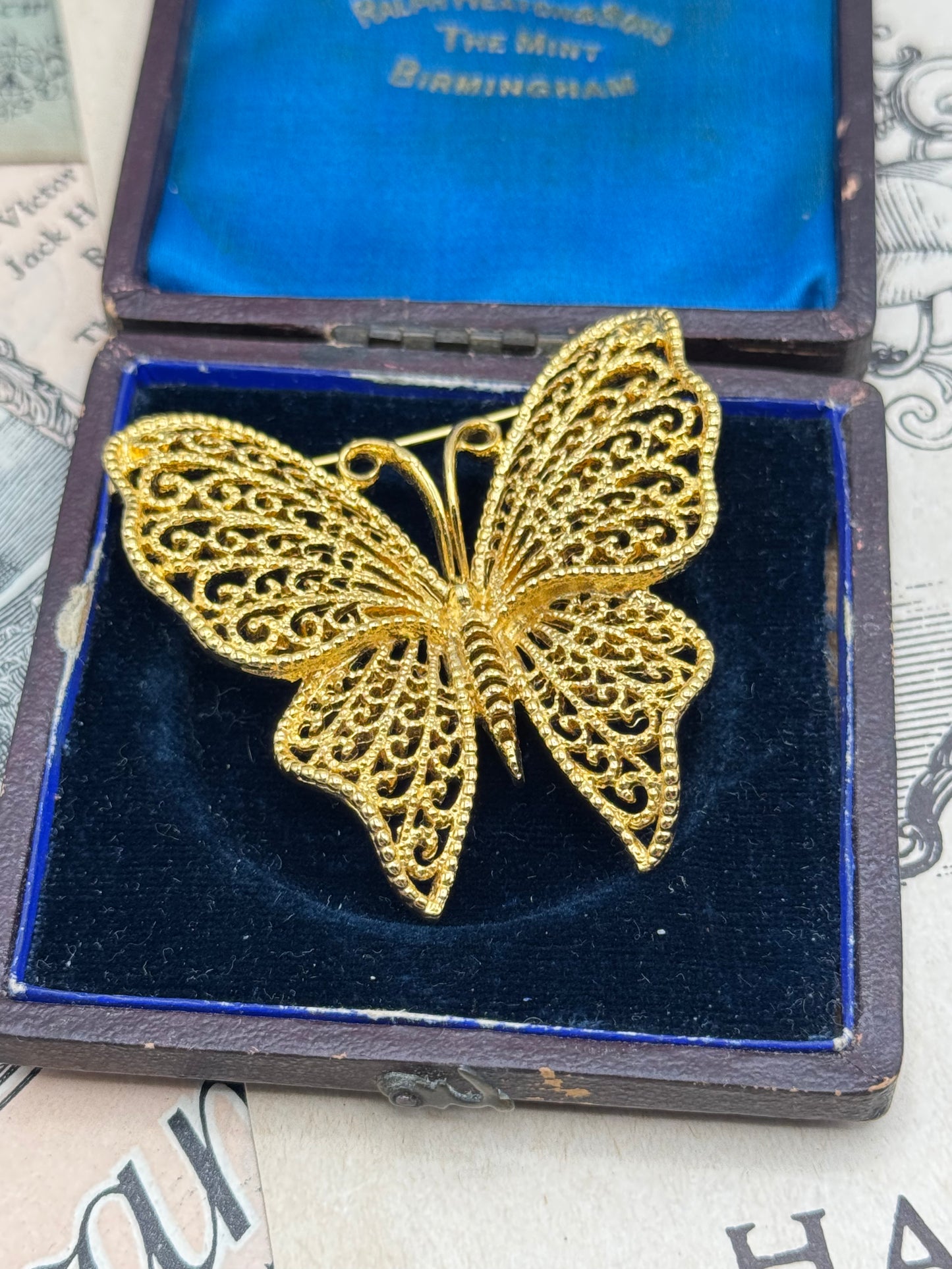 Vintage Gold Tone Scrollwork Butterfly Brooch 2” ESTATE FIND