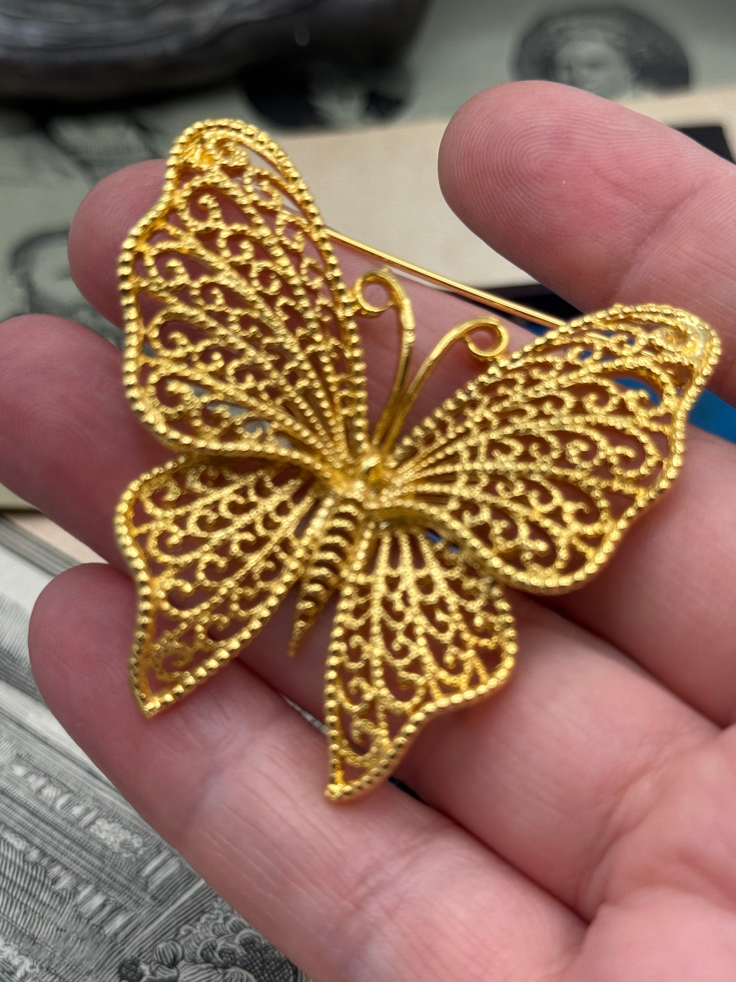 Vintage Gold Tone Scrollwork Butterfly Brooch 2” ESTATE FIND