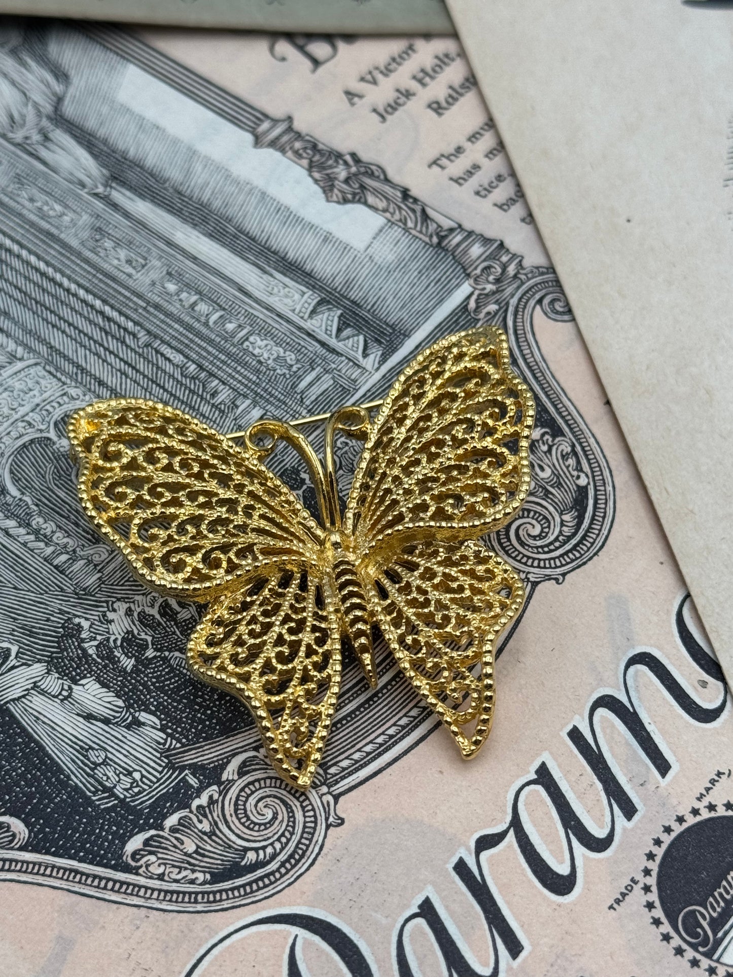 Vintage Gold Tone Scrollwork Butterfly Brooch 2” ESTATE FIND