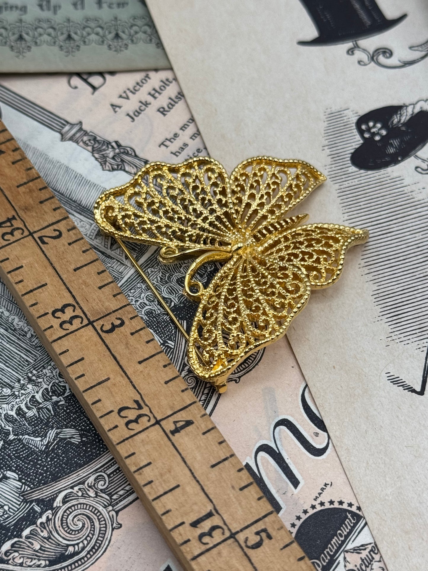 Vintage Gold Tone Scrollwork Butterfly Brooch 2” ESTATE FIND