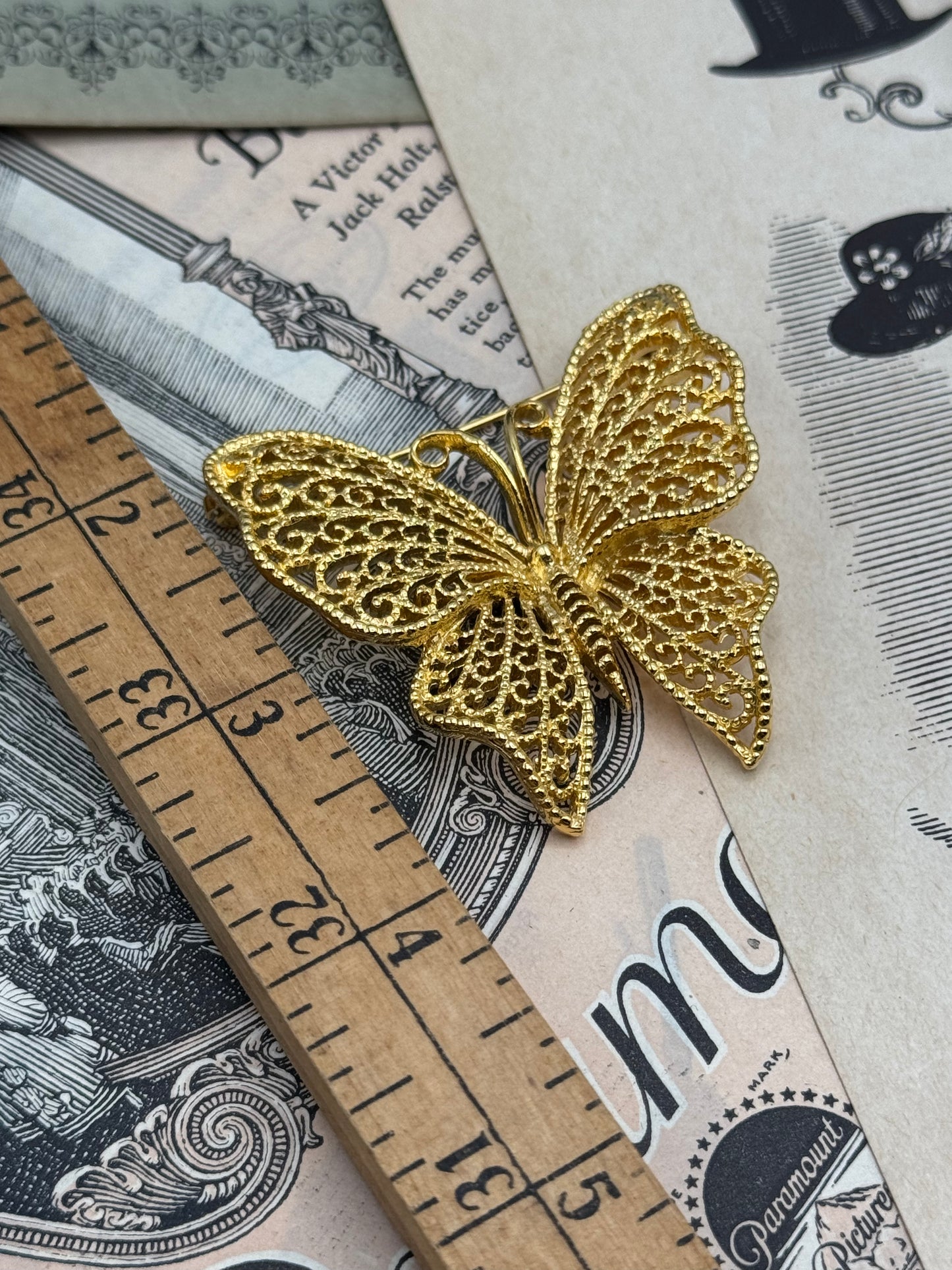 Vintage Gold Tone Scrollwork Butterfly Brooch 2” ESTATE FIND
