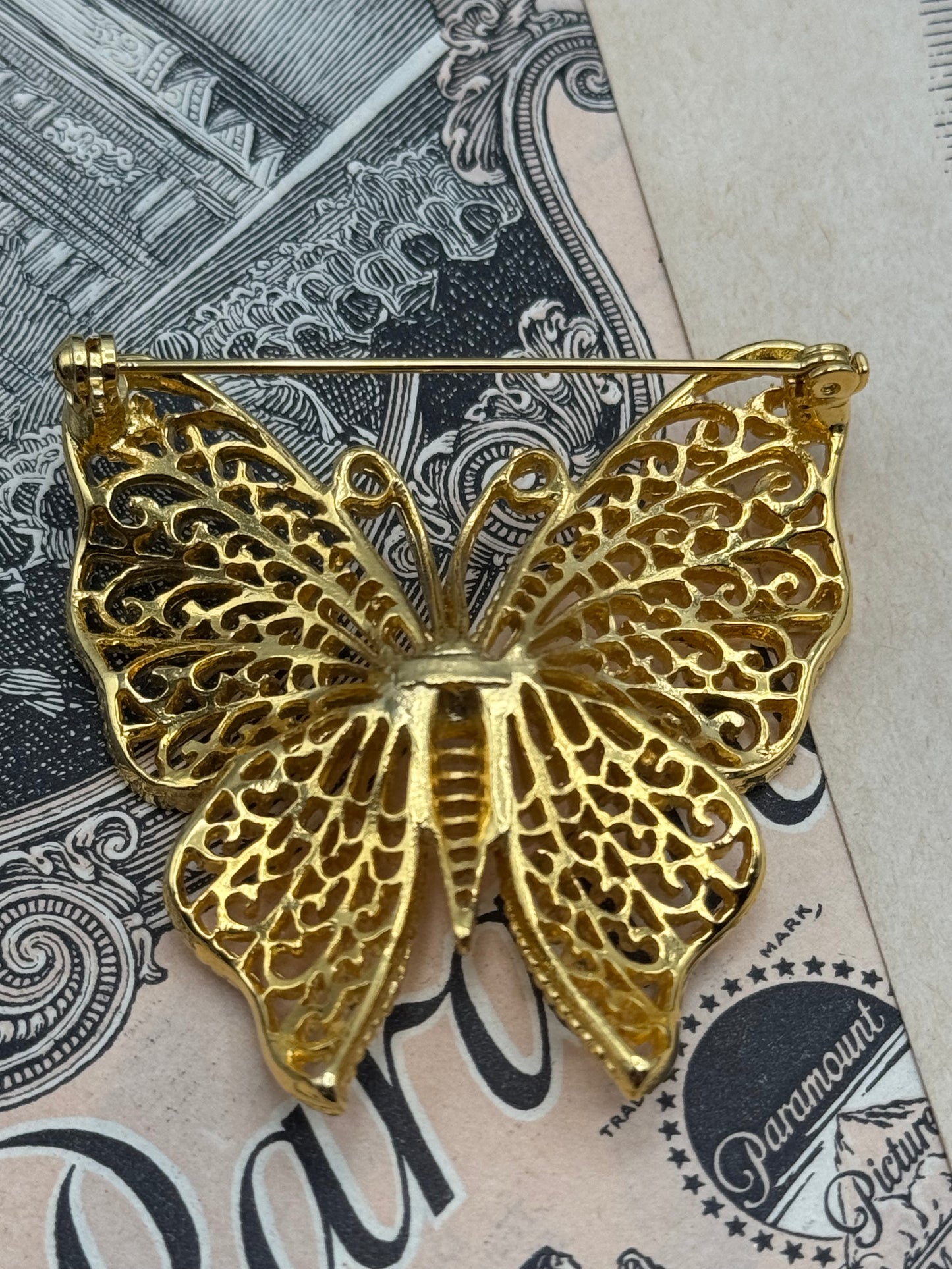 Vintage Gold Tone Scrollwork Butterfly Brooch 2” ESTATE FIND