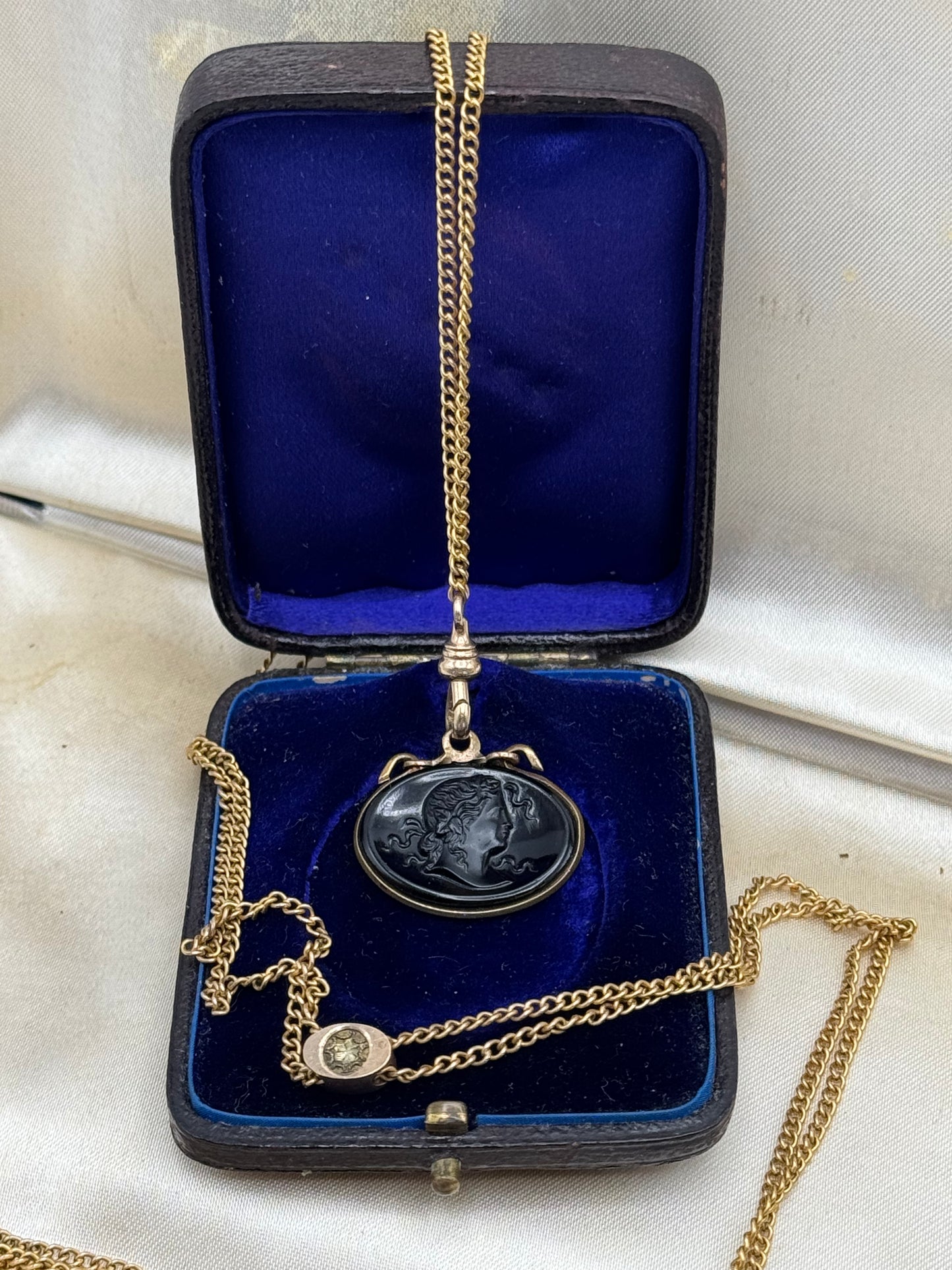 Antique Gold Filled Slider Necklace Chatelaine Watch Chain with Cameo Fob 24.5”