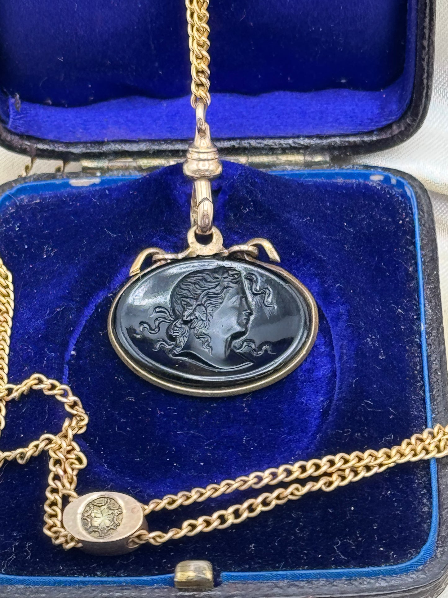 Antique Gold Filled Slider Necklace Chatelaine Watch Chain with Cameo Fob 24.5”