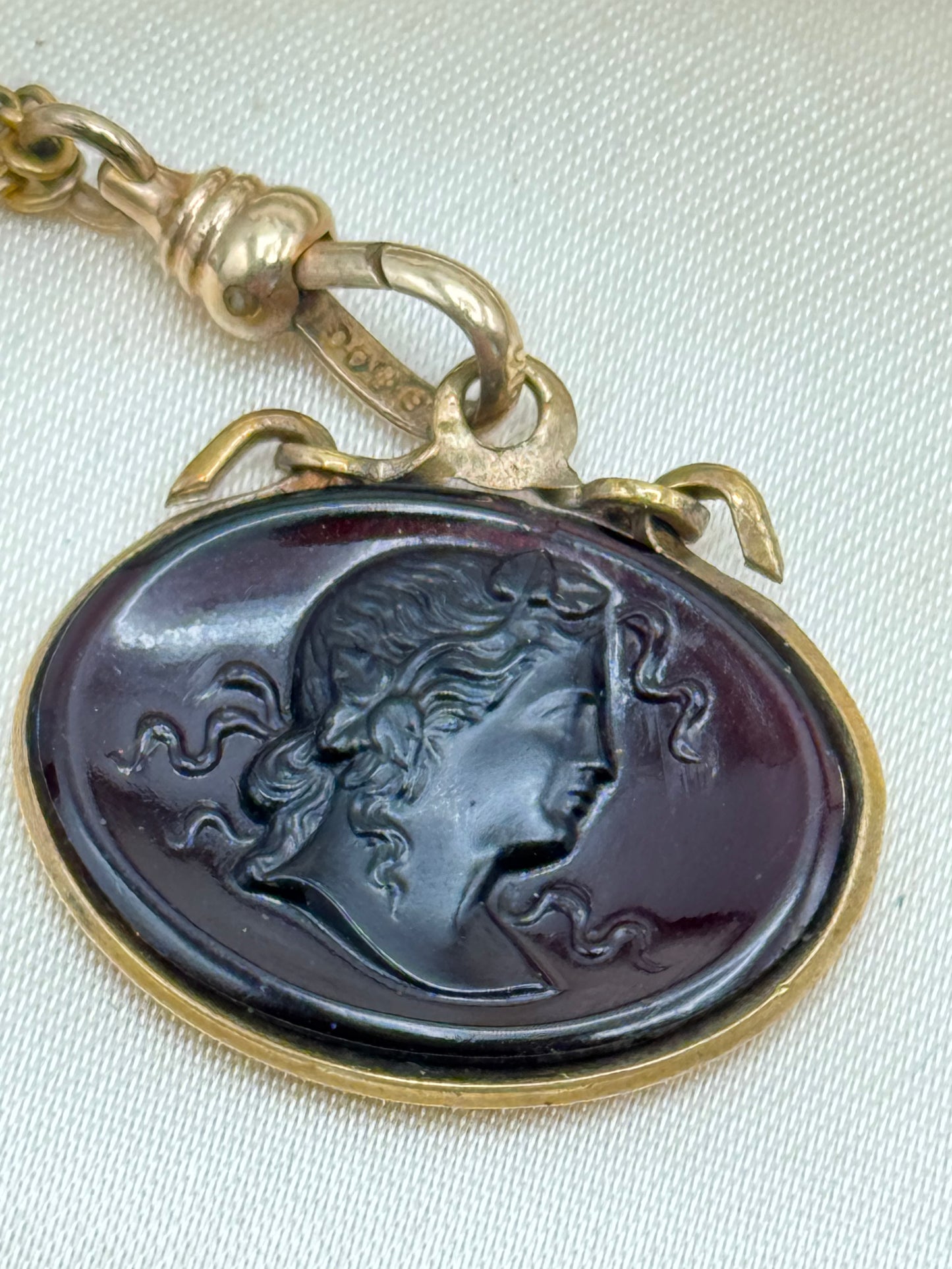 Antique Gold Filled Slider Necklace Chatelaine Watch Chain with Cameo Fob 24.5”