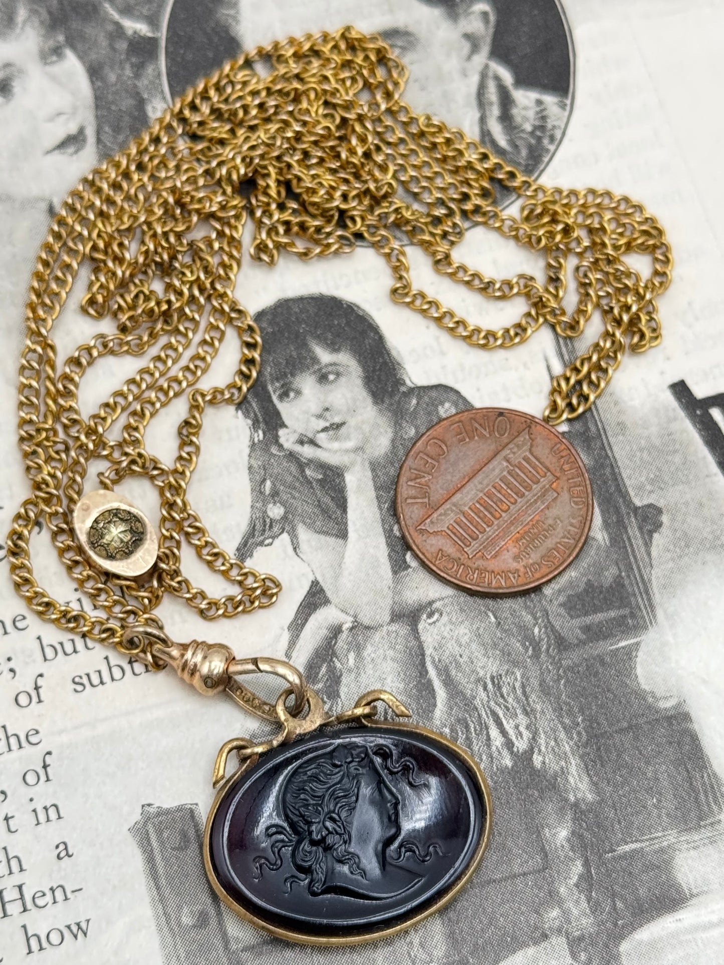 Antique Gold Filled Slider Necklace Chatelaine Watch Chain with Cameo Fob 24.5”