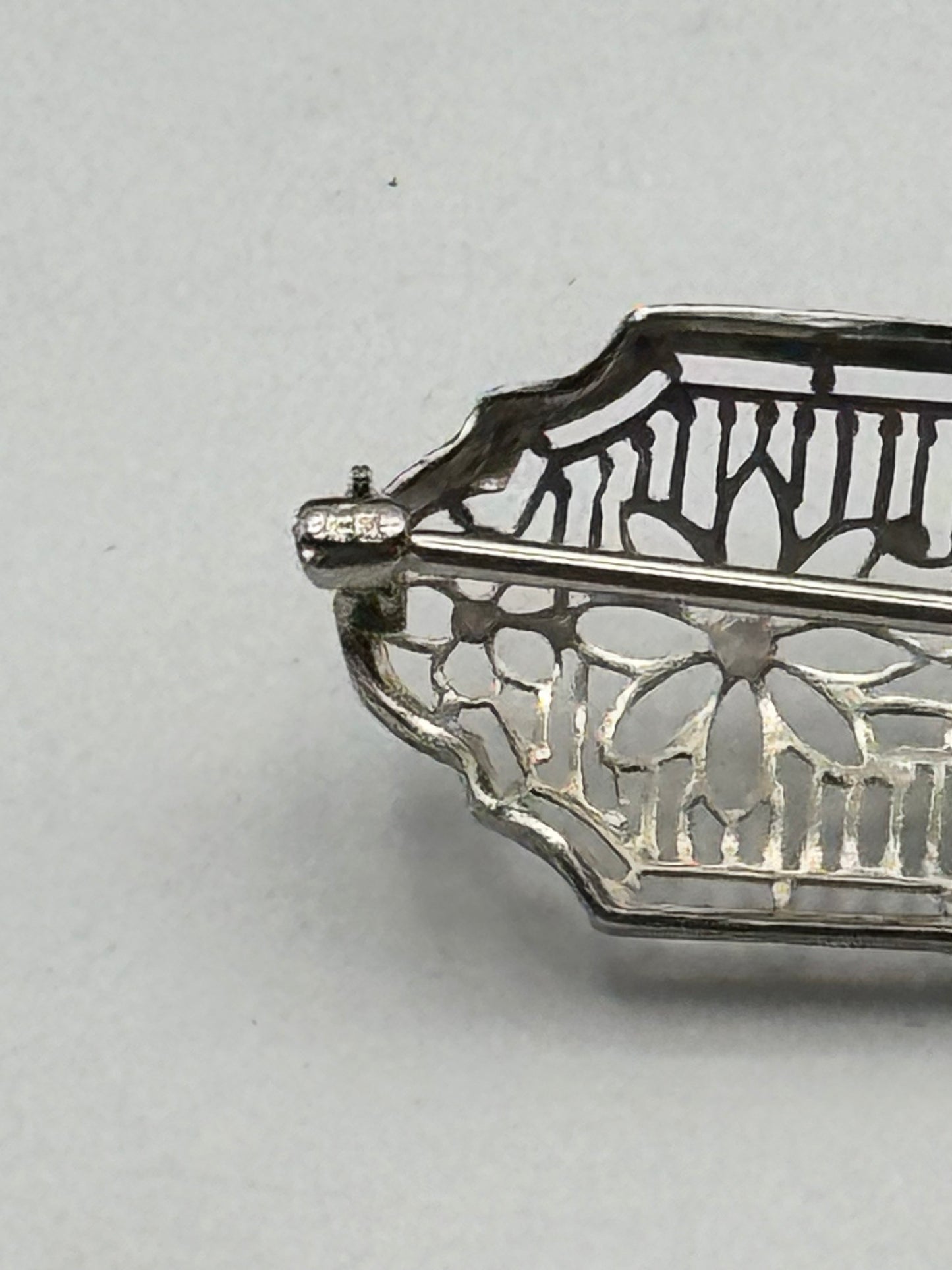 ANTIQUE Art Deco Brooch 10K White Gold Filigree Blue Topaz Bar Pin