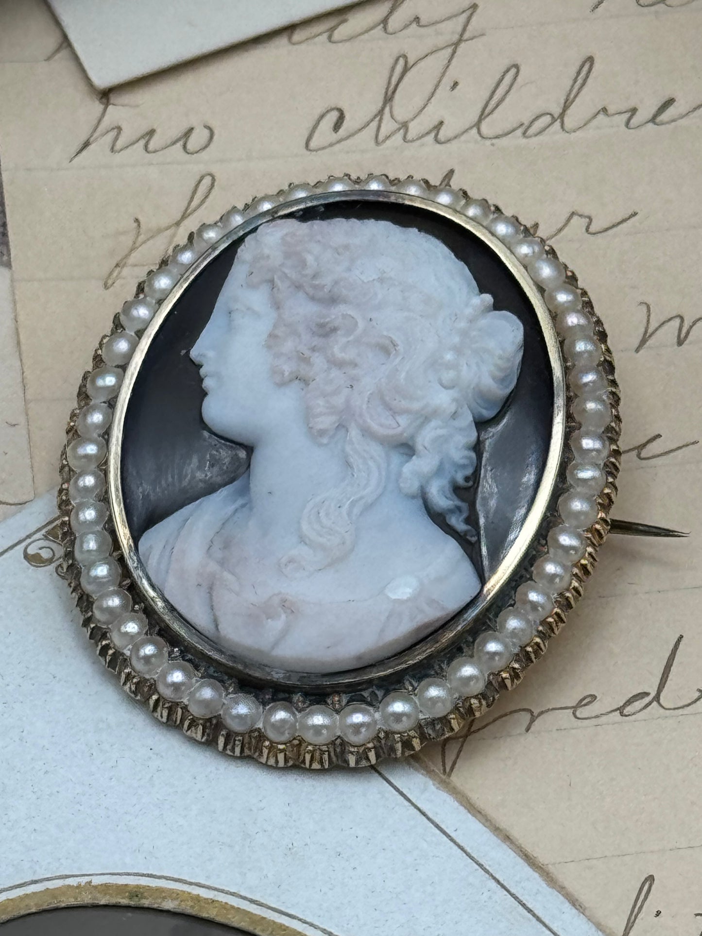 Museum-Worthy Antique VICTORIAN Hard Stone Cameo Brooch with Pearls in 14K Gold