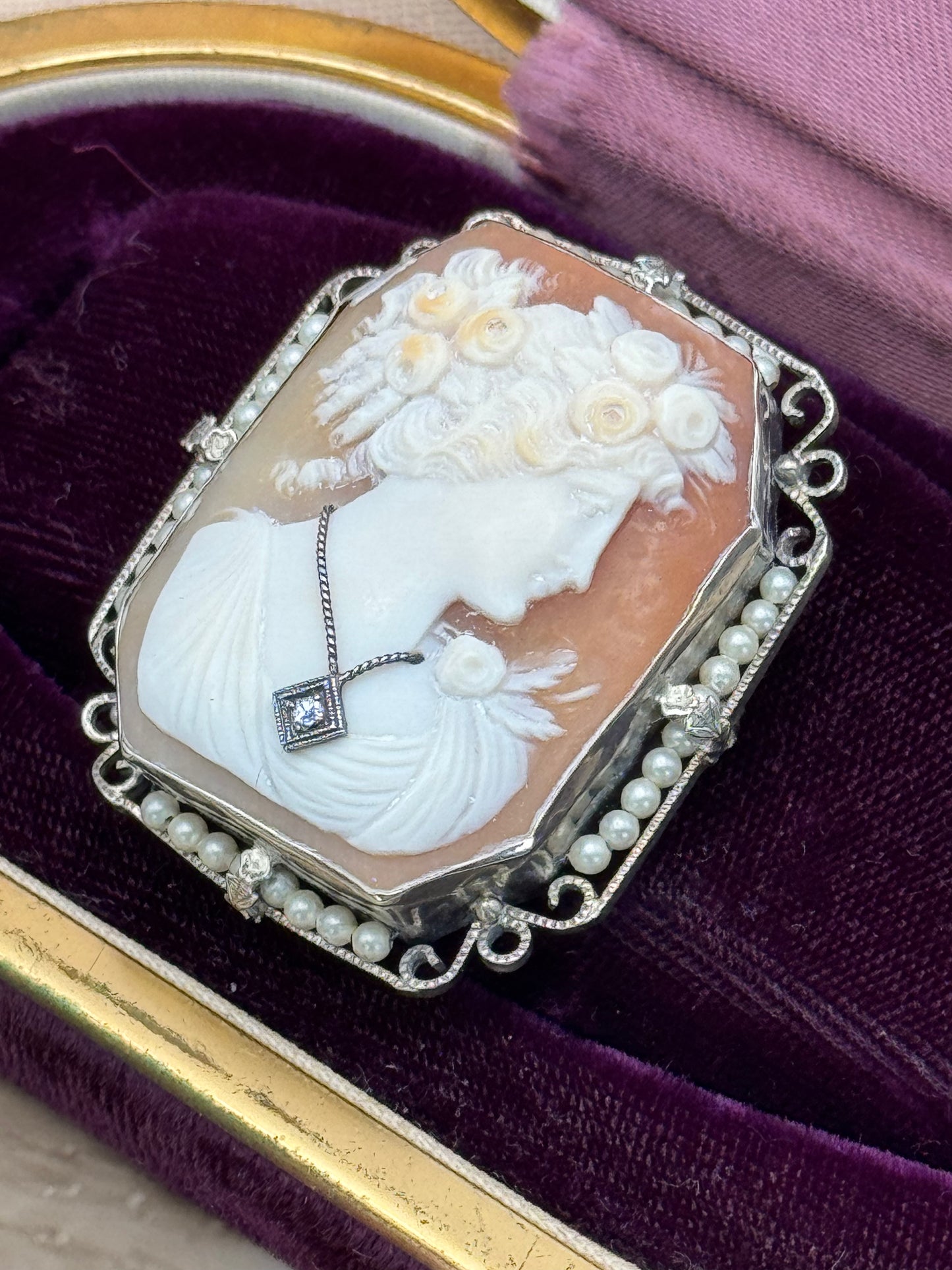 Art Deco Shell Cameo Habillé Brooch-Pendant in 14K White Gold with Pearls & Diamond Accent
