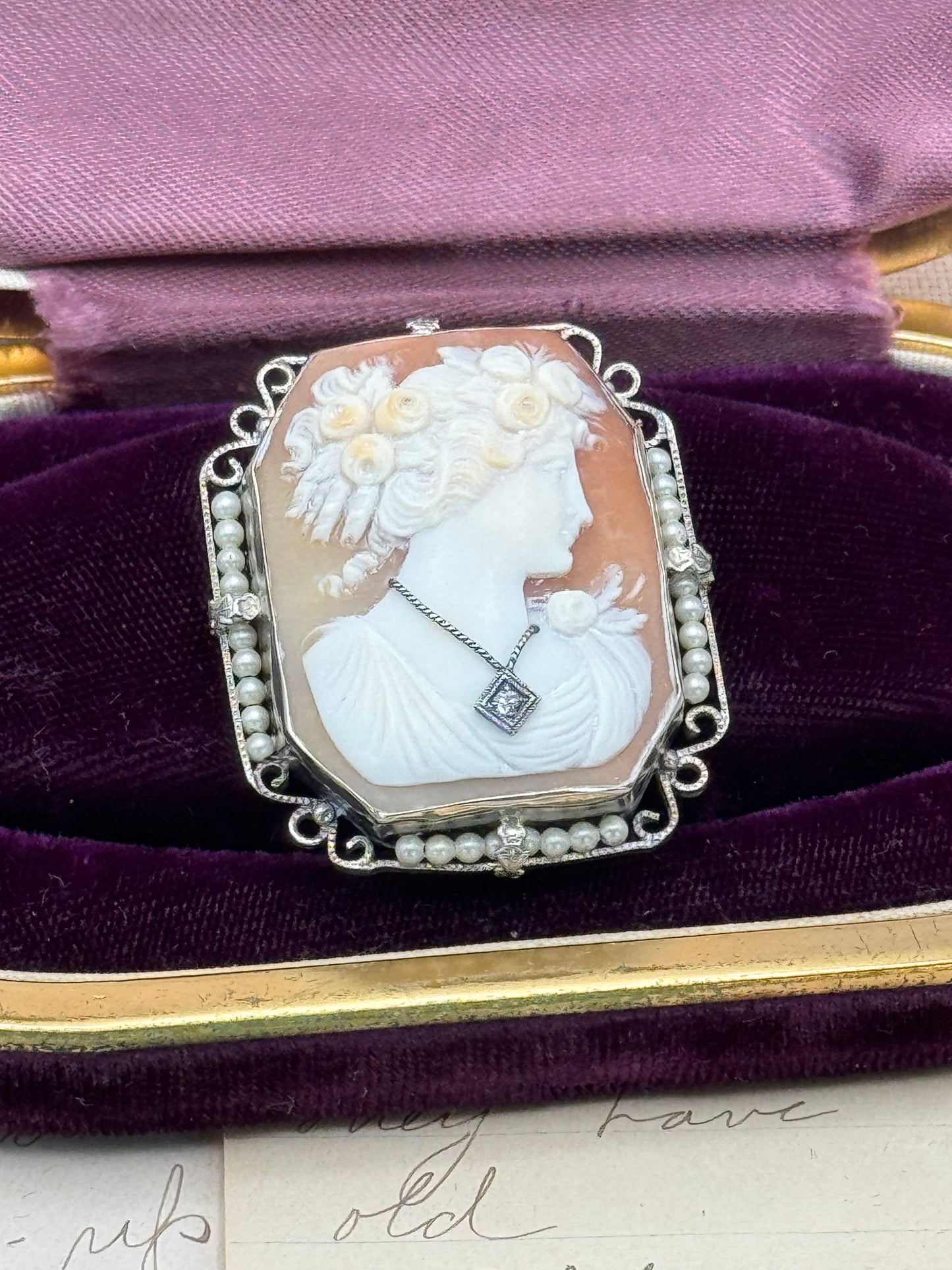 Art Deco Shell Cameo Habillé Brooch-Pendant in 14K White Gold with Pearls & Diamond Accent