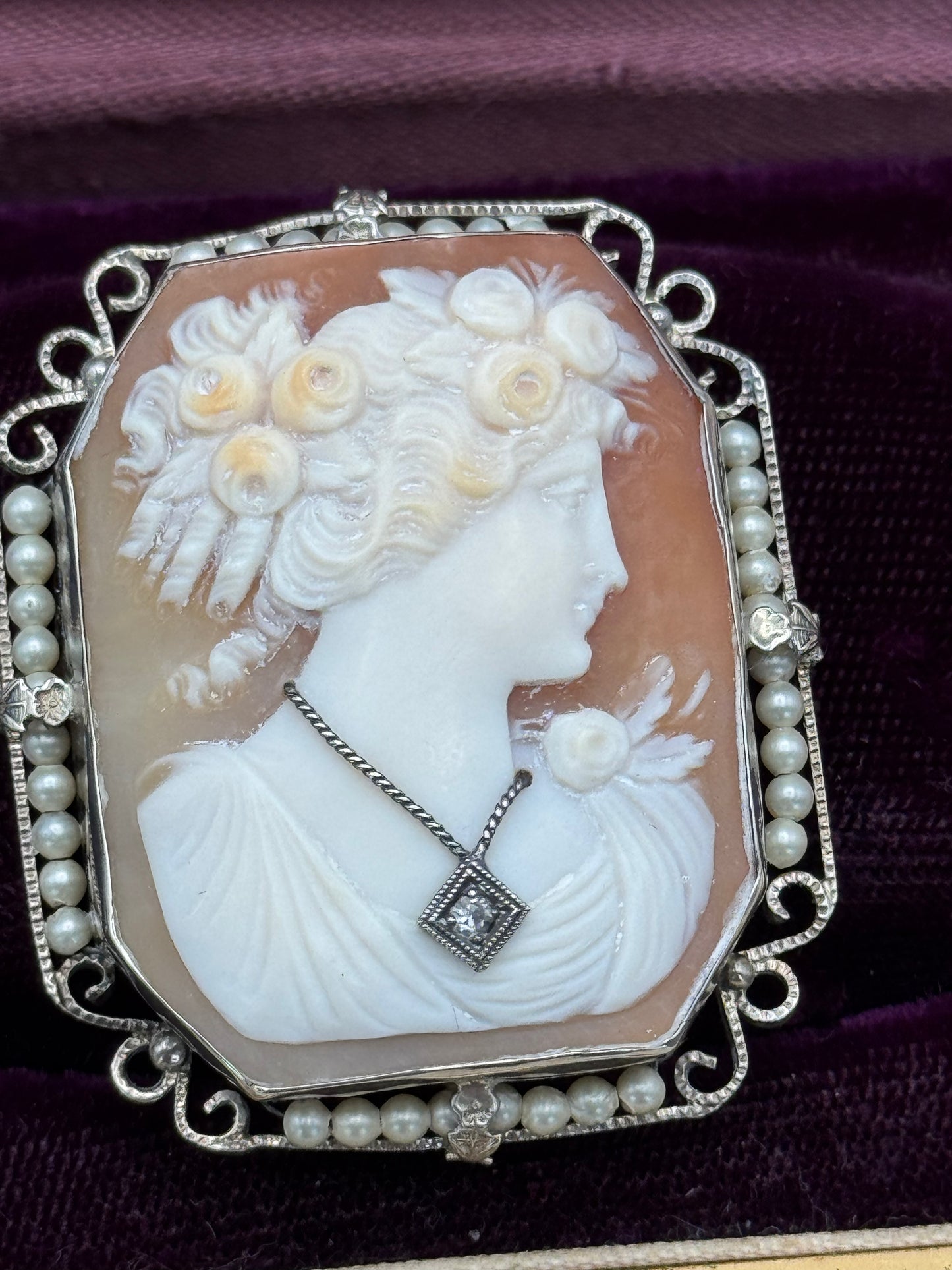 Art Deco Shell Cameo Habillé Brooch-Pendant in 14K White Gold with Pearls & Diamond Accent