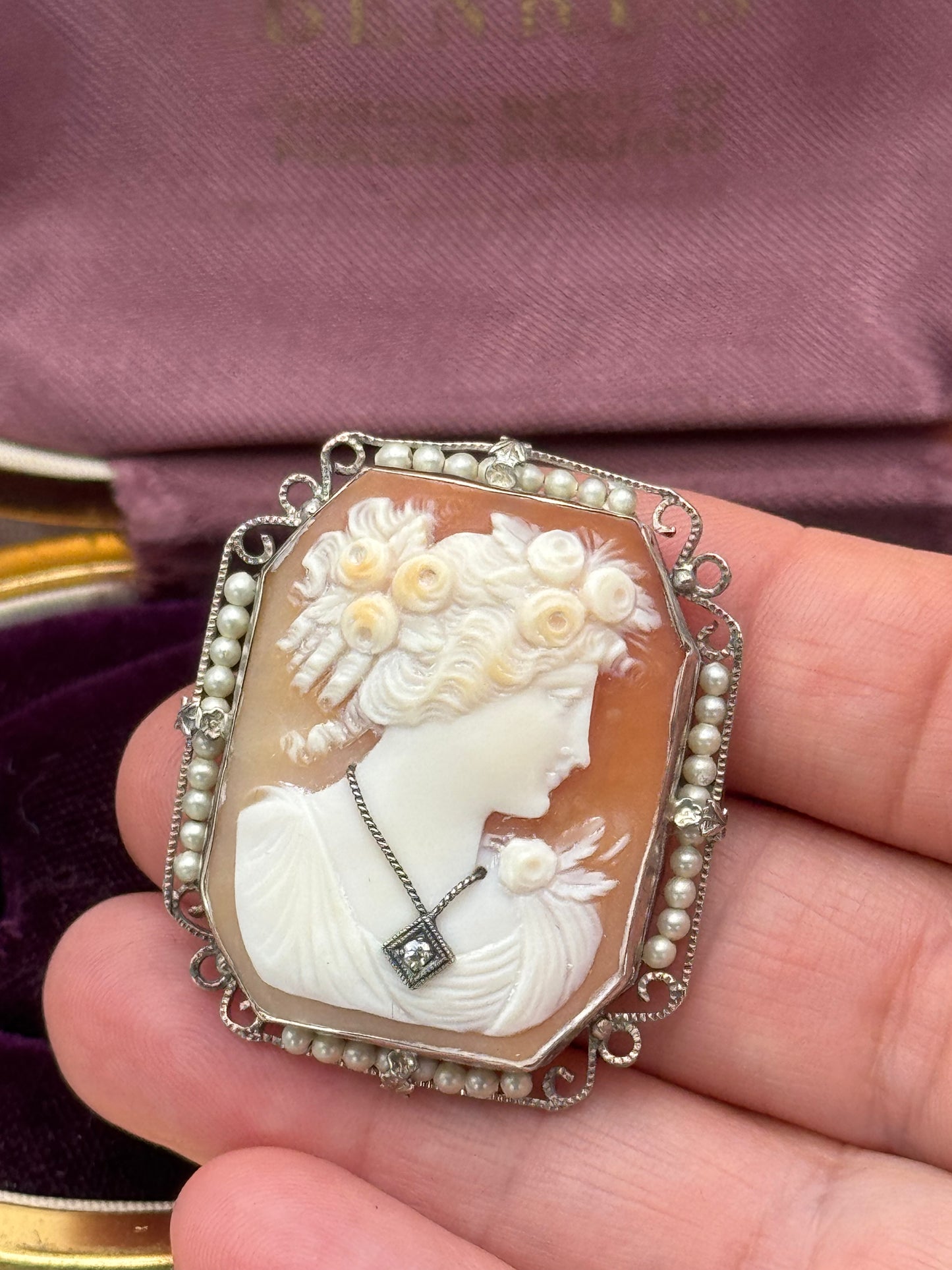 Art Deco Shell Cameo Habillé Brooch-Pendant in 14K White Gold with Pearls & Diamond Accent