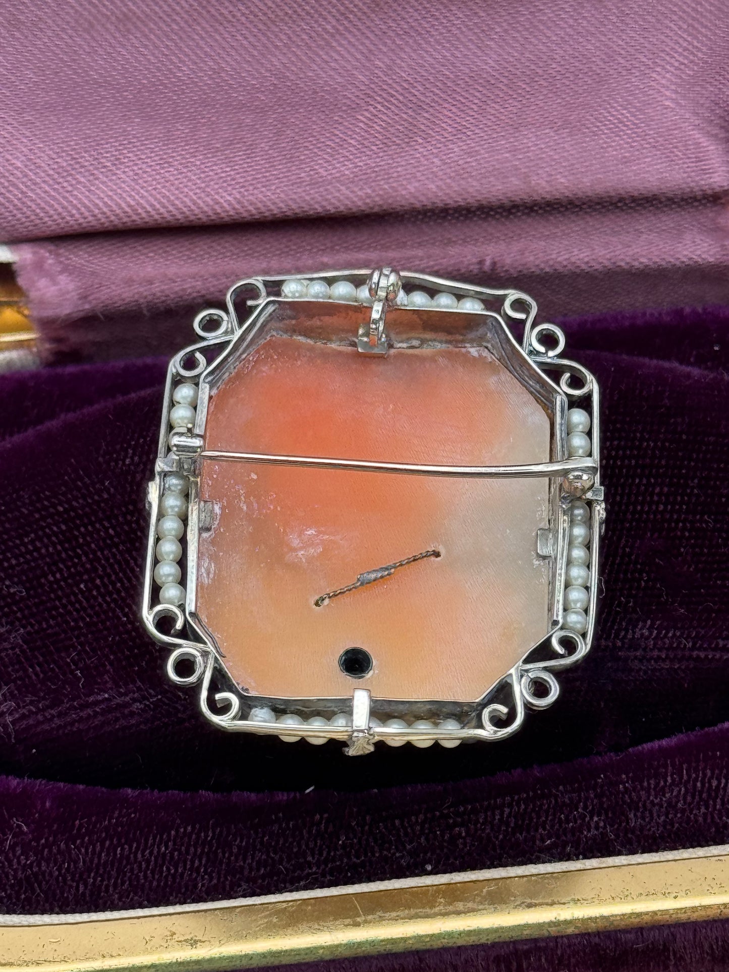 Art Deco Shell Cameo Habillé Brooch-Pendant in 14K White Gold with Pearls & Diamond Accent