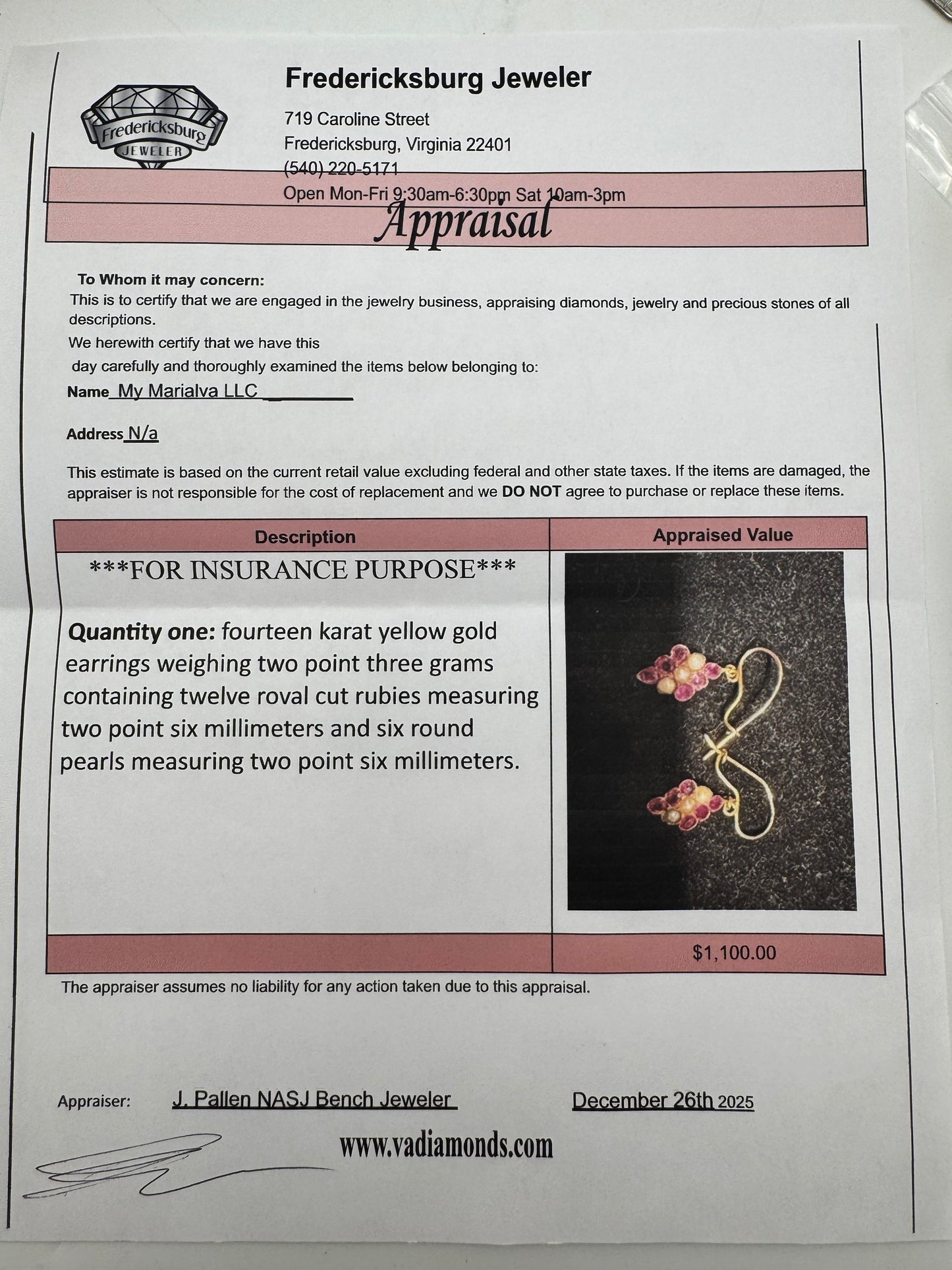 Antique 14K Gold Ruby & Pearl Cluster Earrings – Victorian Grape Motif – Appraised $1,100