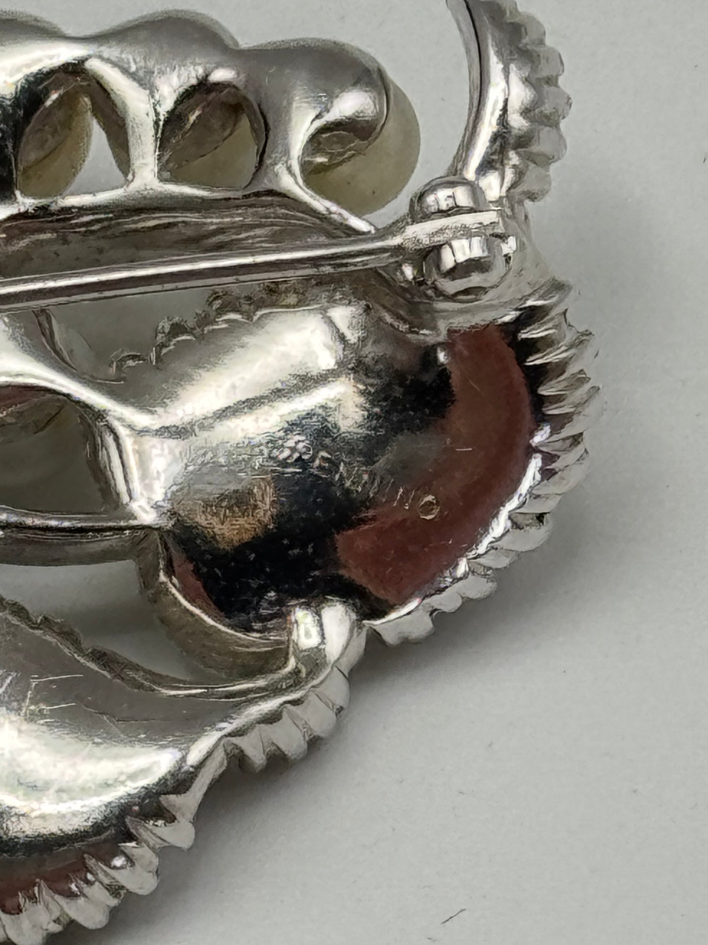 Vintage Pennino Brooch Silver Tone Faux Pearl Rhinestone Leaf Design Signed