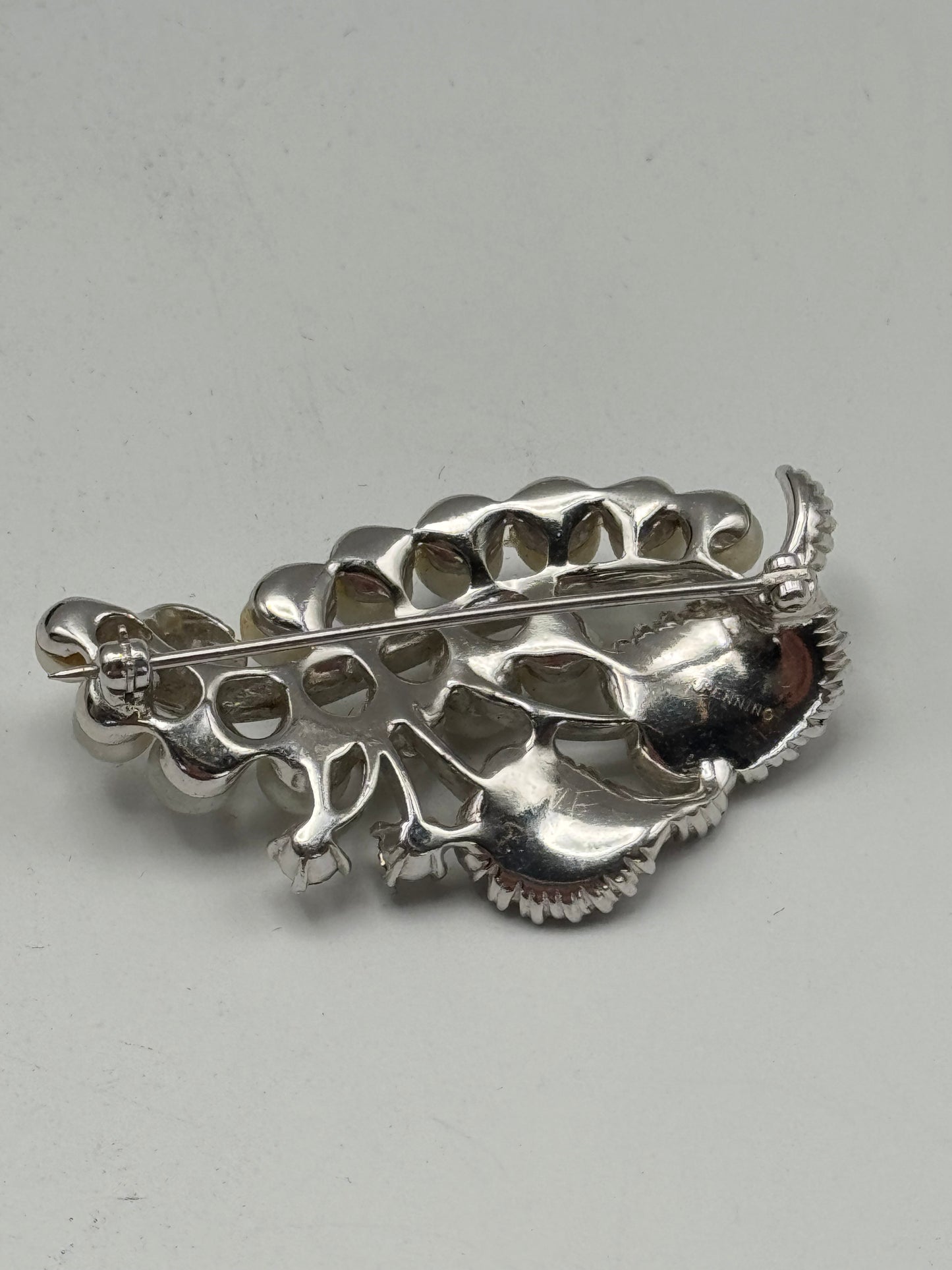 Vintage Pennino Brooch Silver Tone Faux Pearl Rhinestone Leaf Design Signed
