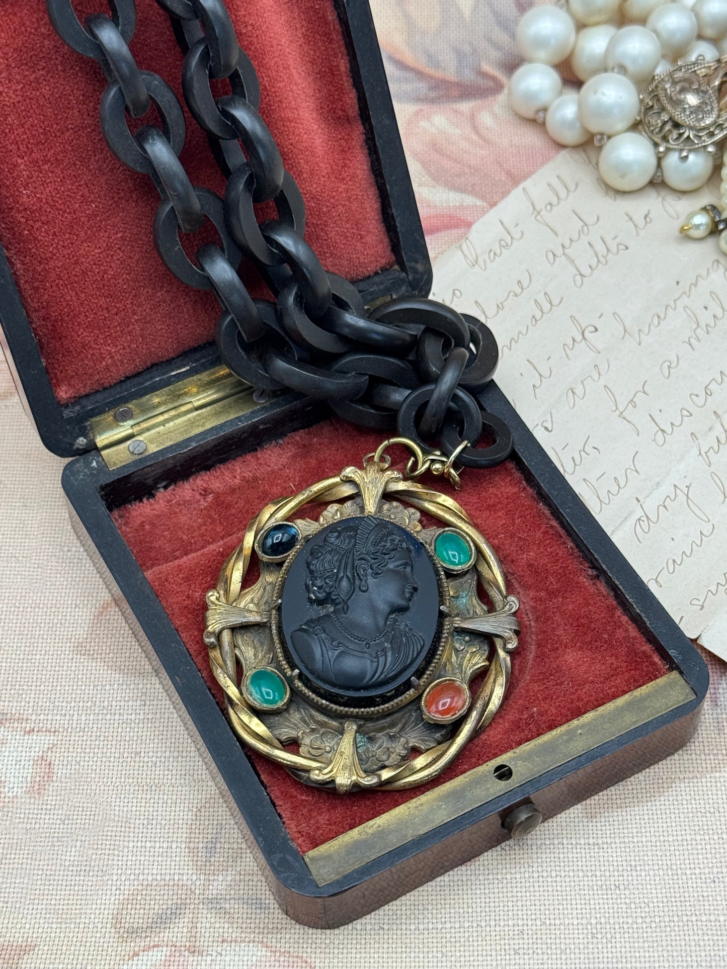 Victorian CAMEO Pendant Black Stone Gilt Frame with Antique Early Plastic Chain .75” Links -19”l EXQUISITE & RARE