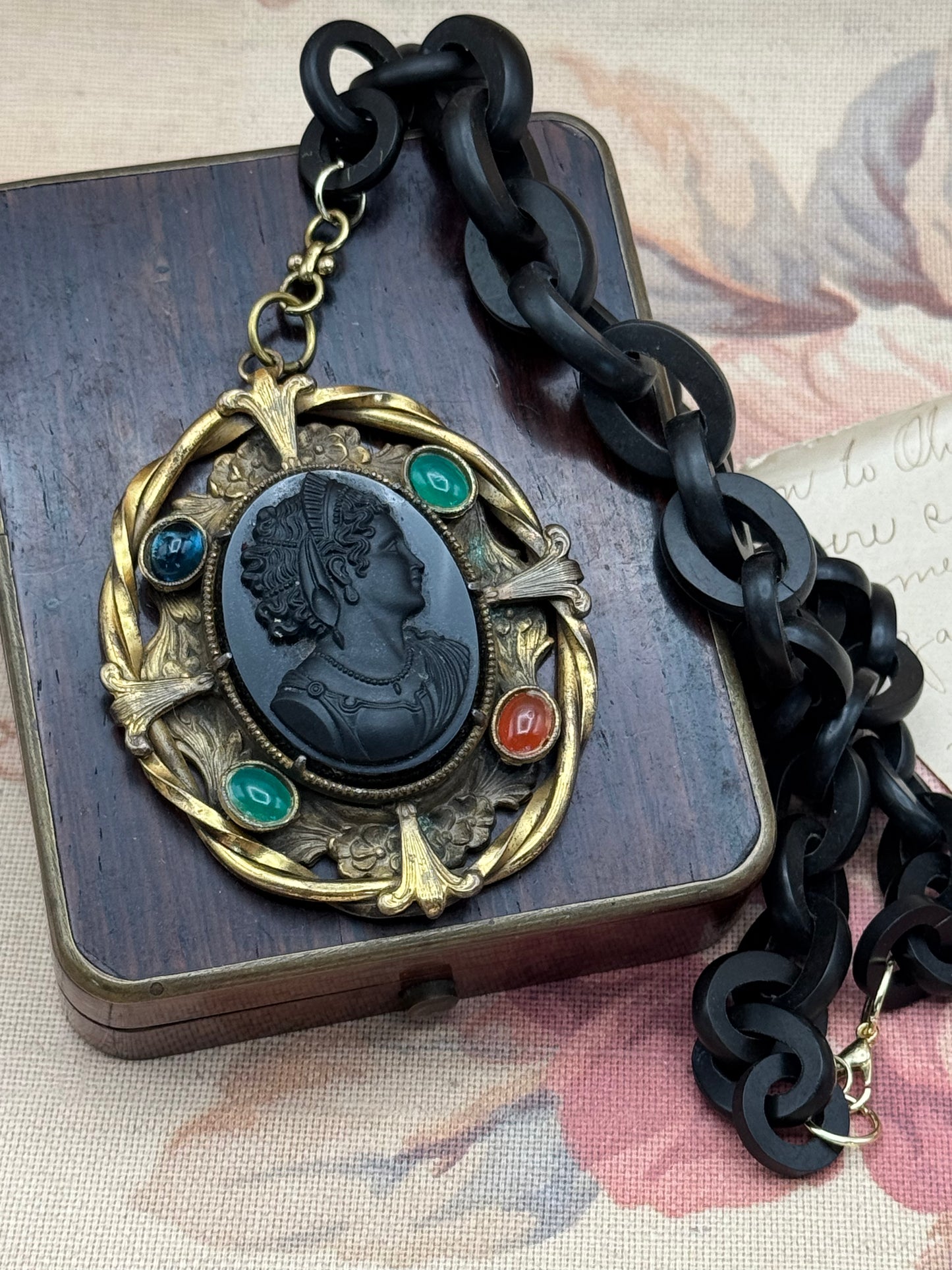 Victorian CAMEO Pendant Black Stone Gilt Frame with Antique Early Plastic Chain .75” Links -19”l EXQUISITE & RARE
