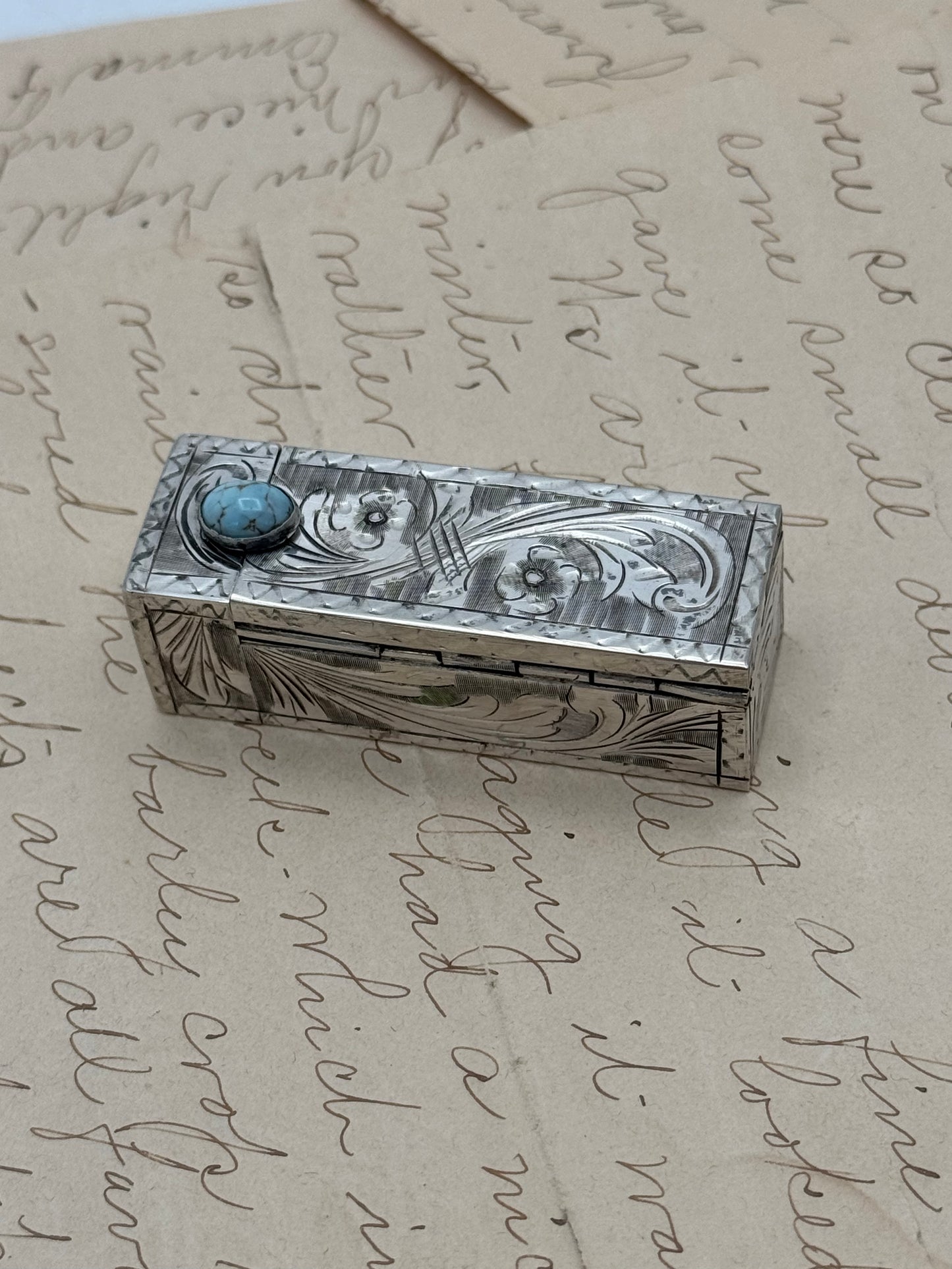 Vintage Silver Lipstick Case with Blue Stone Intricate Floral Design
