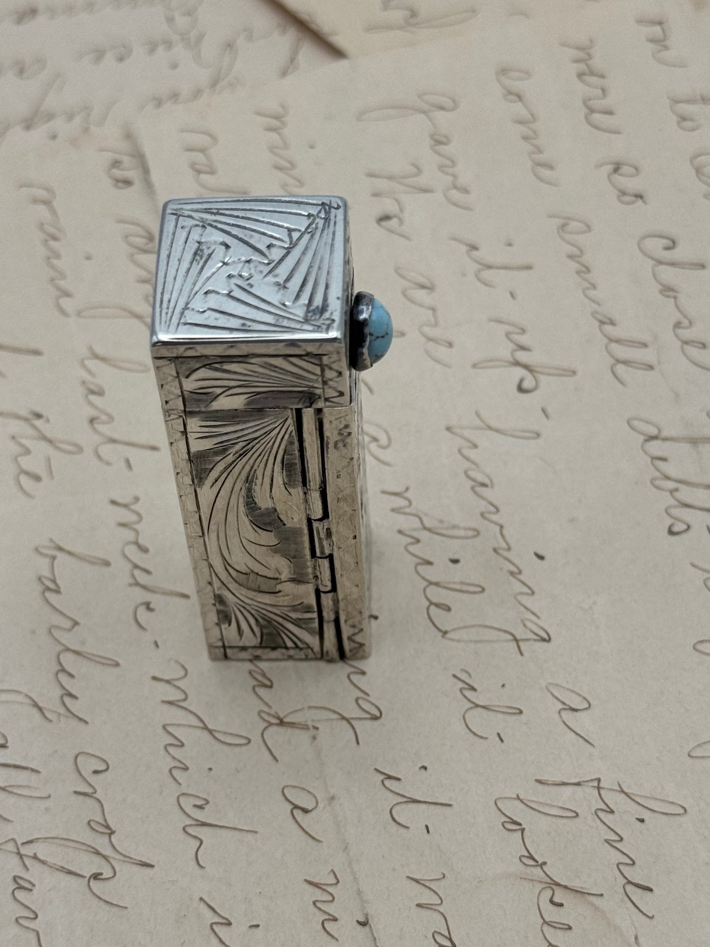 Vintage Silver Lipstick Case with Blue Stone Intricate Floral Design