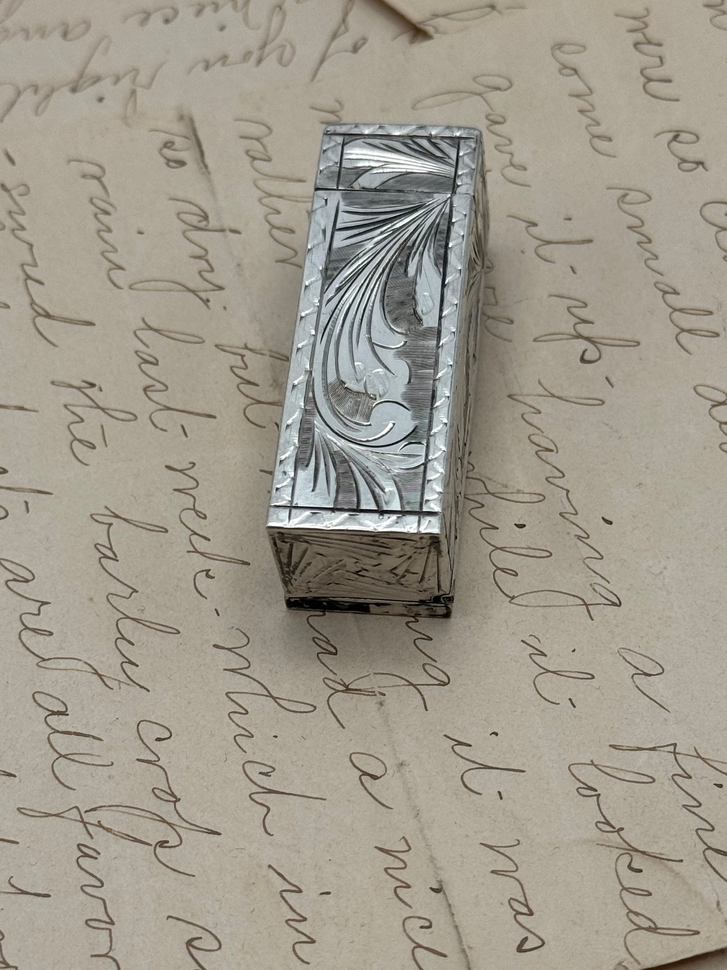 Vintage Silver Lipstick Case with Blue Stone Intricate Floral Design