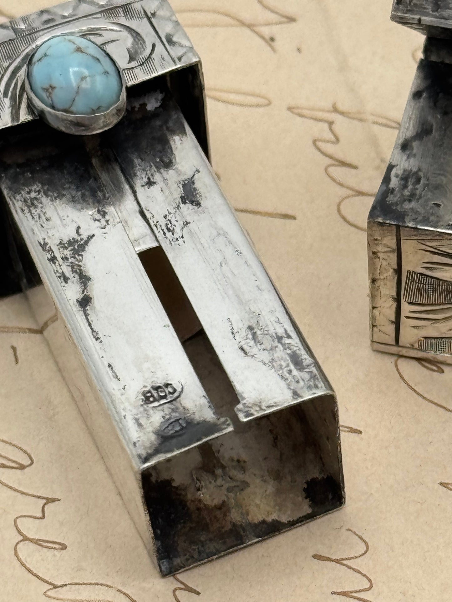 Vintage Silver Lipstick Case with Blue Stone Intricate Floral Design
