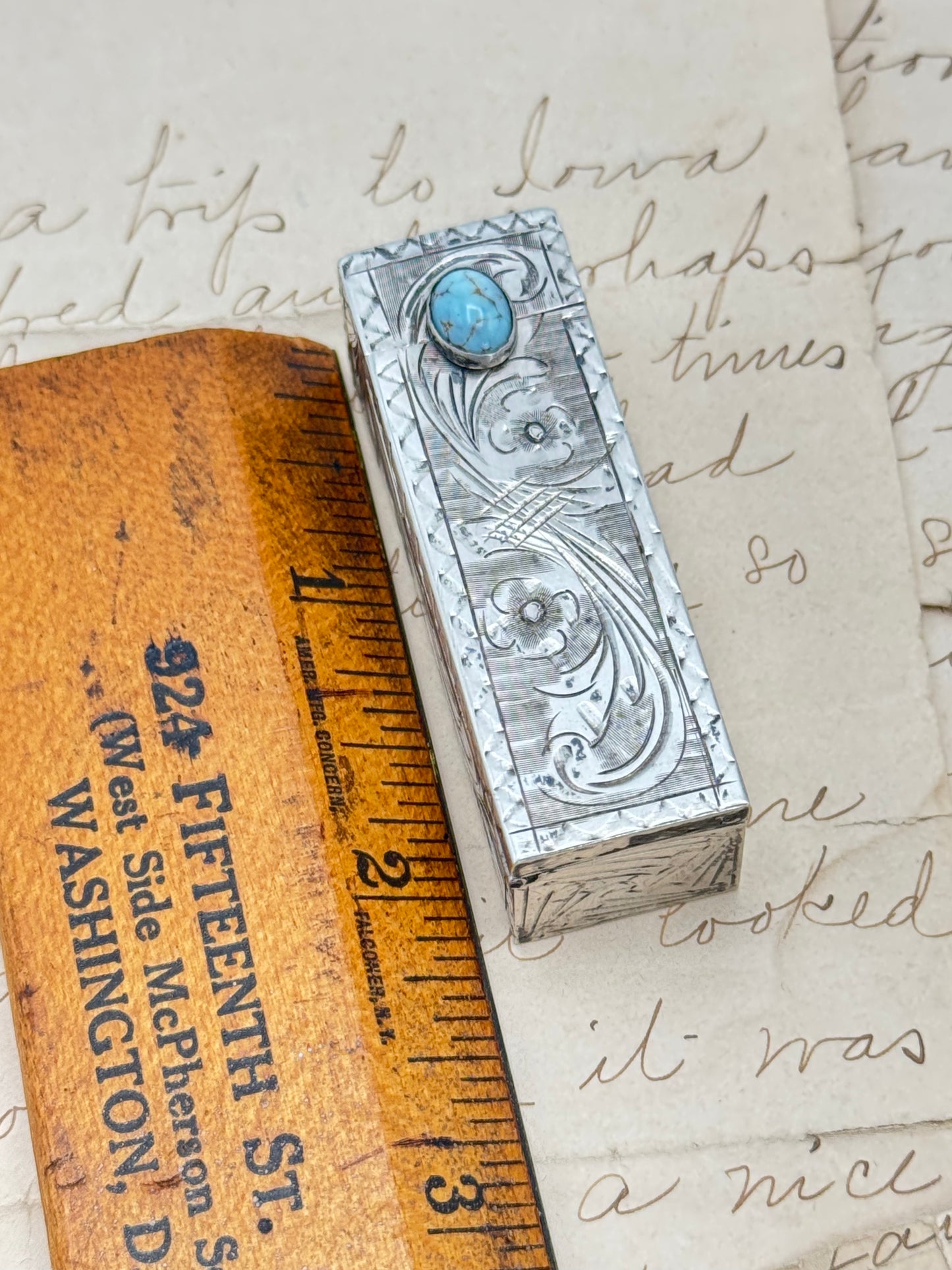 Vintage Silver Lipstick Case with Blue Stone Intricate Floral Design