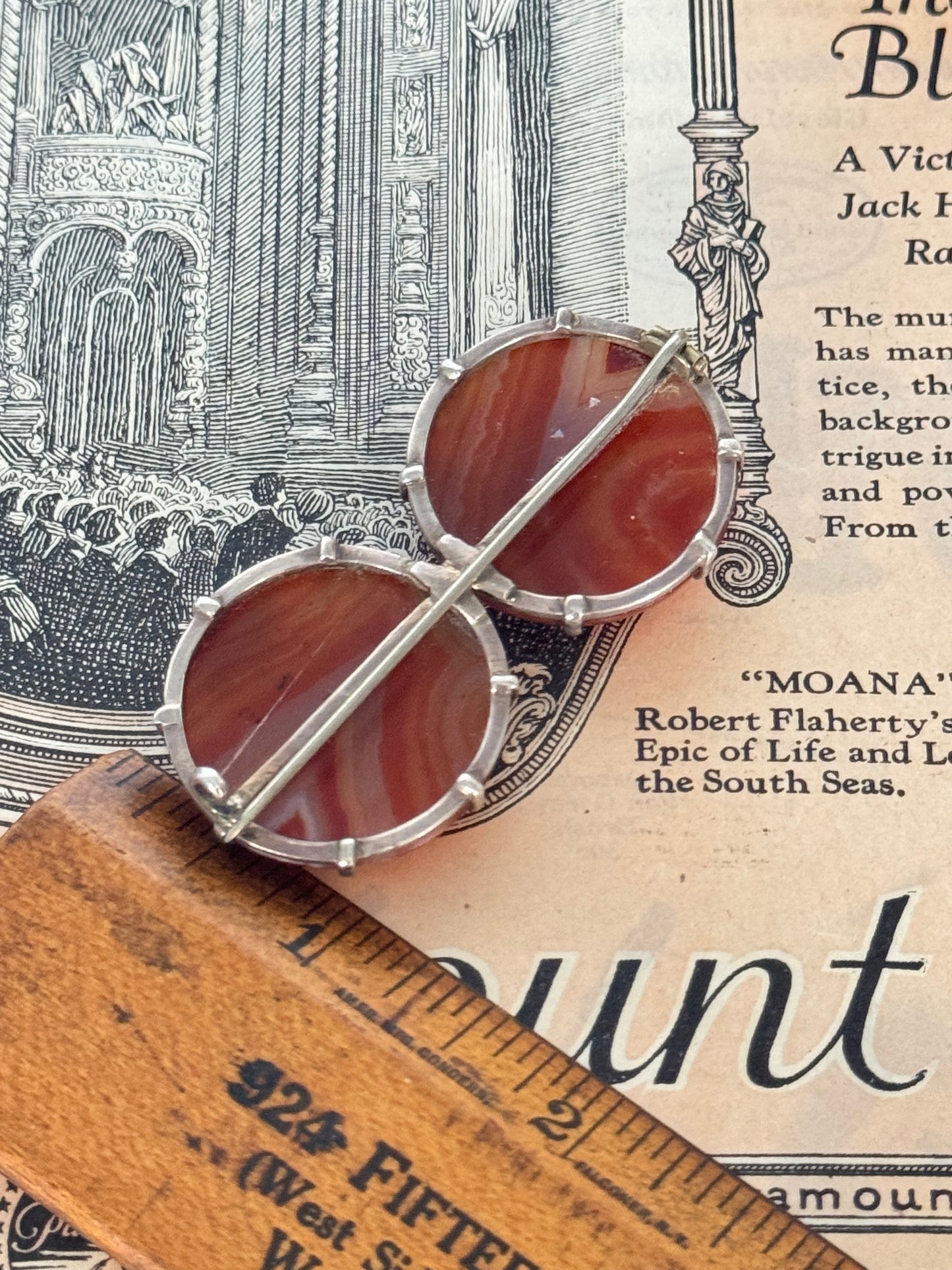 Antique VICTORIAN Agate Silver Brooch 2” ANTIQUE RARE FIND