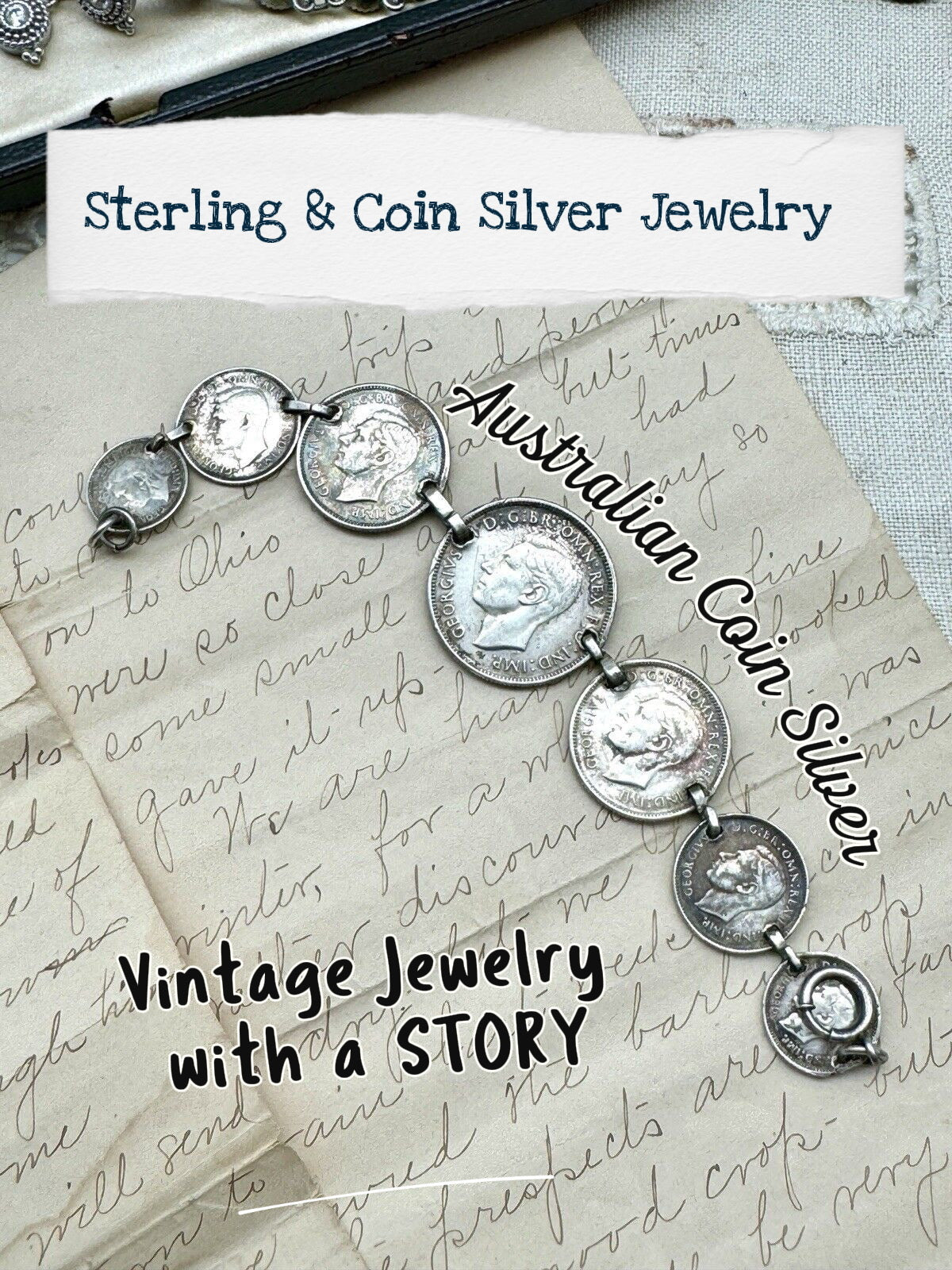 Vintage AUSTRALIA 1943 FLORIN Sterling Coin Bracelet Marked Sterling 7 Coins 7”