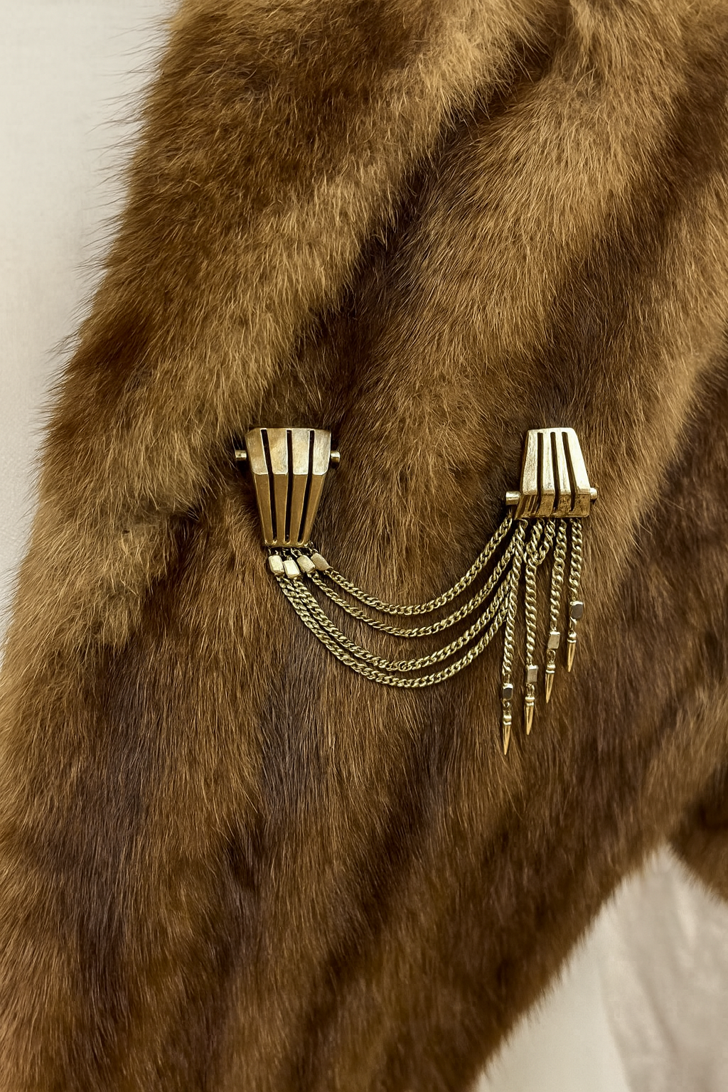 SIGNED Monet “Fur” Clip Mid Century Gold Tone Chains Geometric Statement Pin