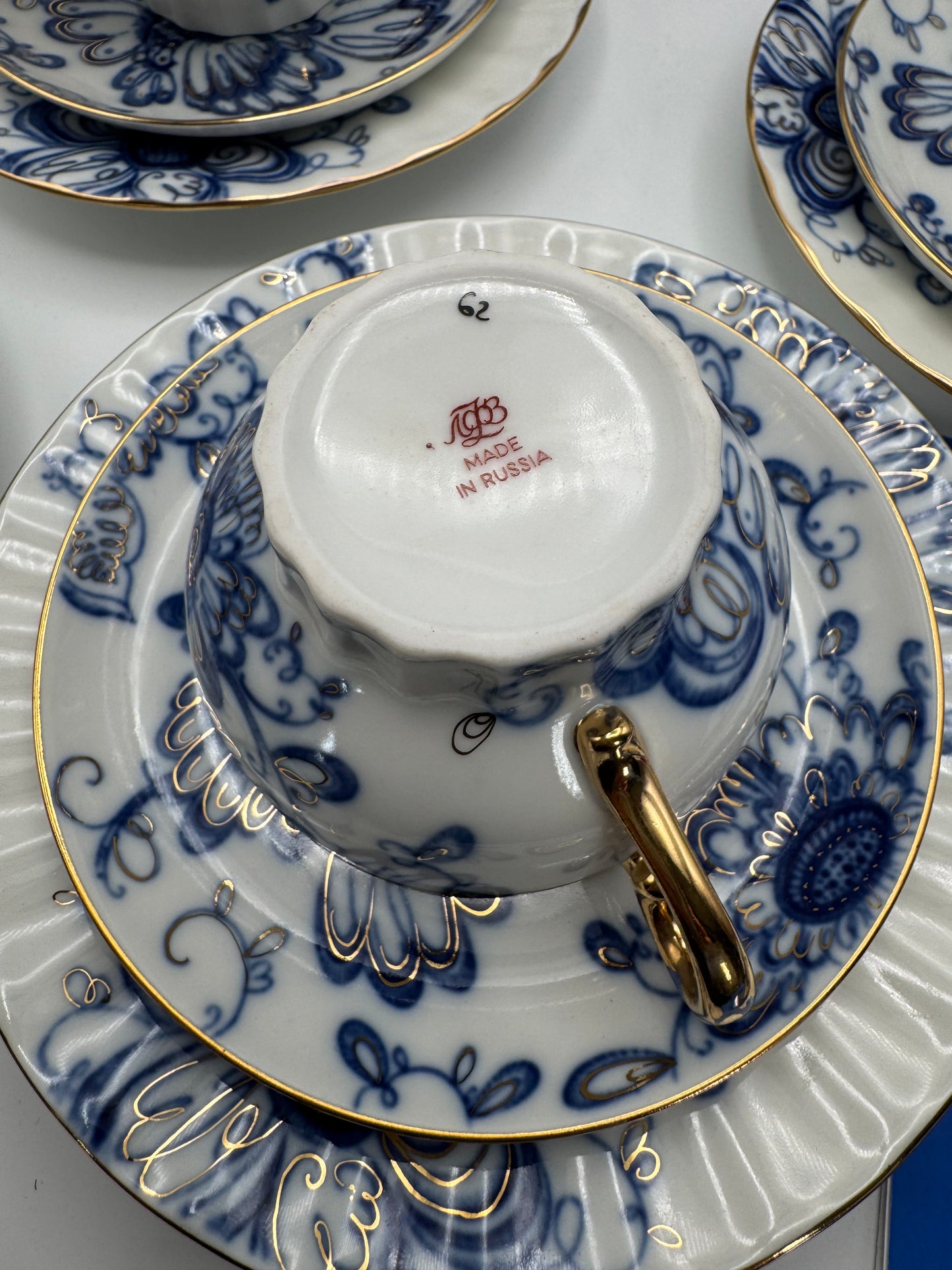 Lomonosov Imperial Porcelain Tea/Coffee Set – 13 Pieces – “Singing Garden” – Blue & White with Gold Accents – Made in Russia