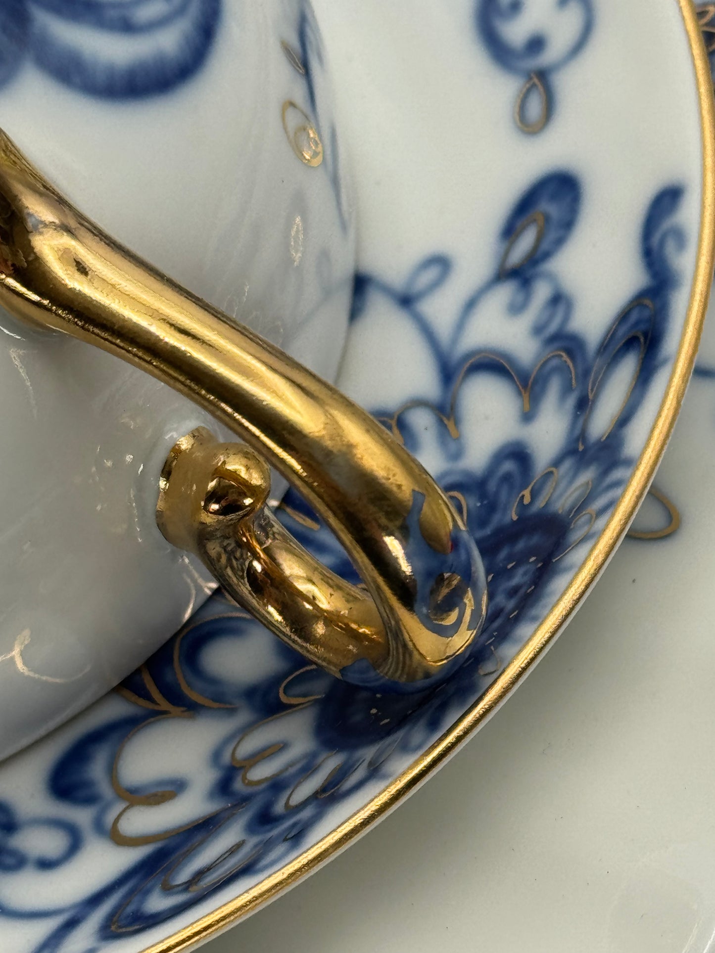 Lomonosov Imperial Porcelain Tea/Coffee Set – 13 Pieces – “Singing Garden” – Blue & White with Gold Accents – Made in Russia