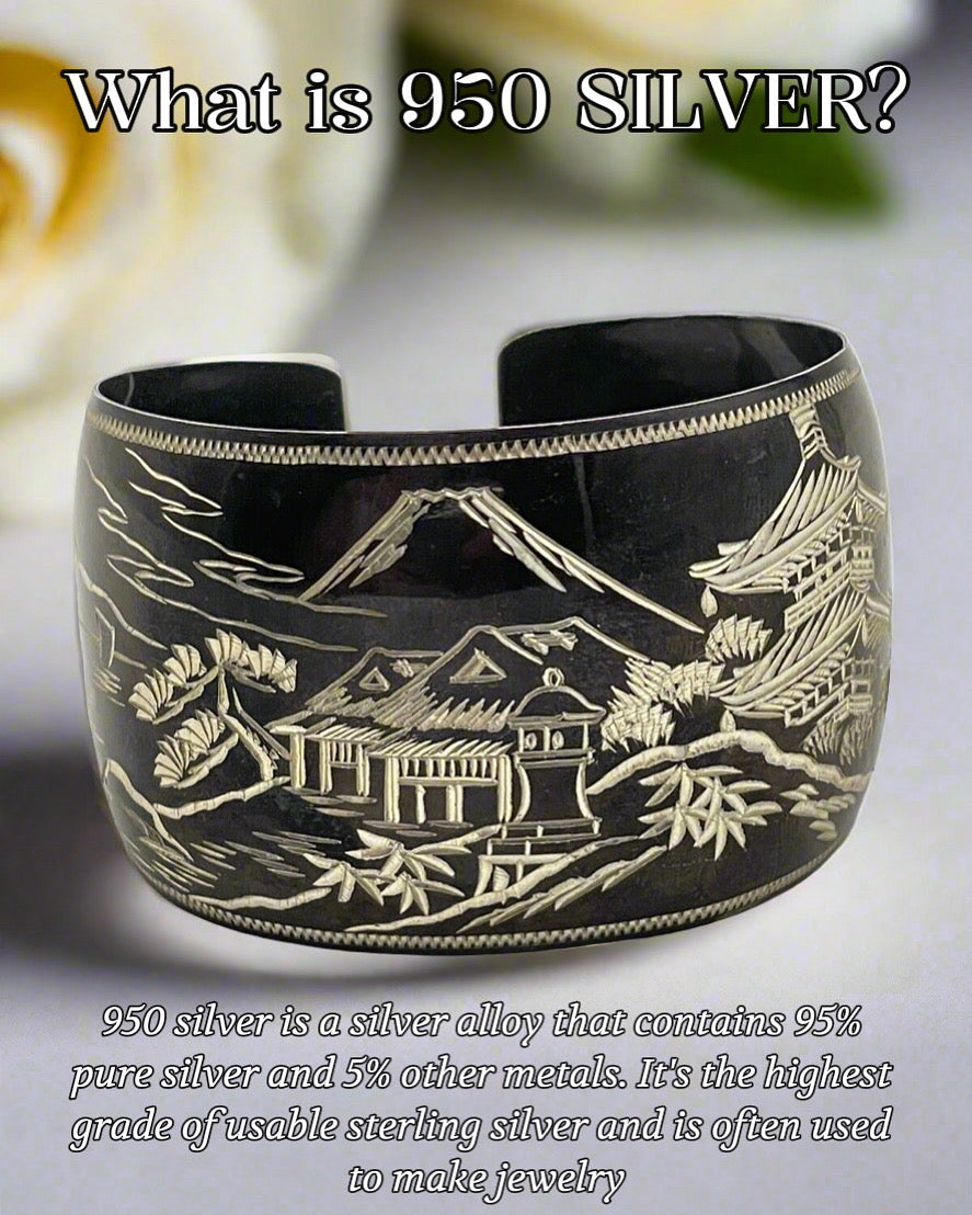 STERLING 950 Damascene Black Pagoda Silver Vintage Cuff Bracelet EXQUISITE SIGNED