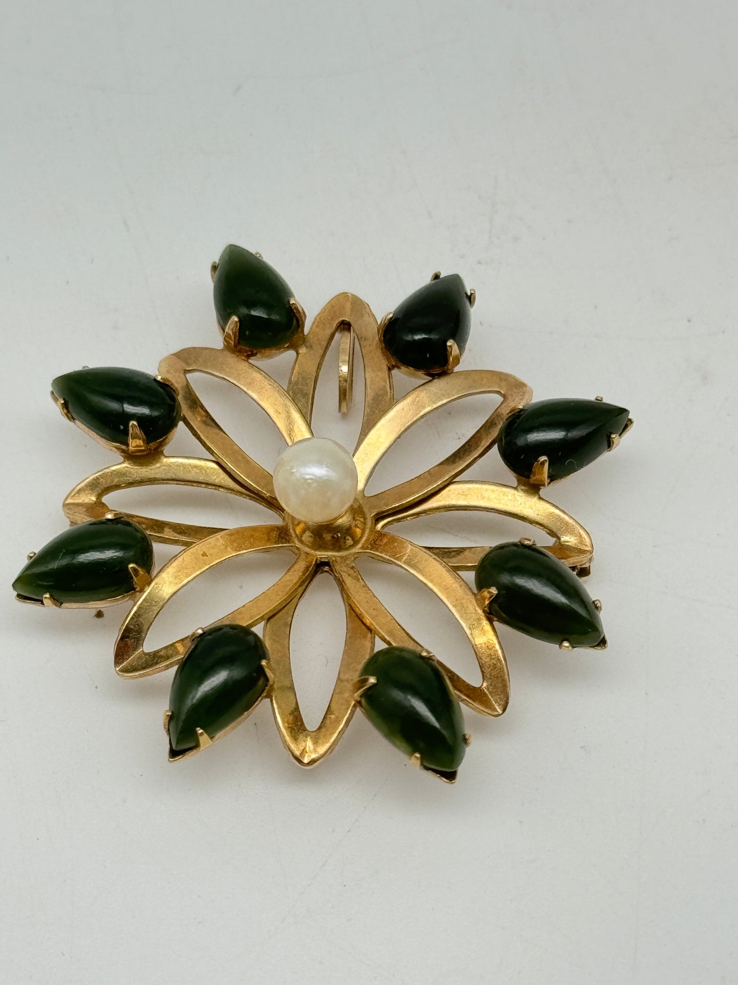 Vintage Gold Tone Brooch Pendant Flower Design Pearl Green Stones