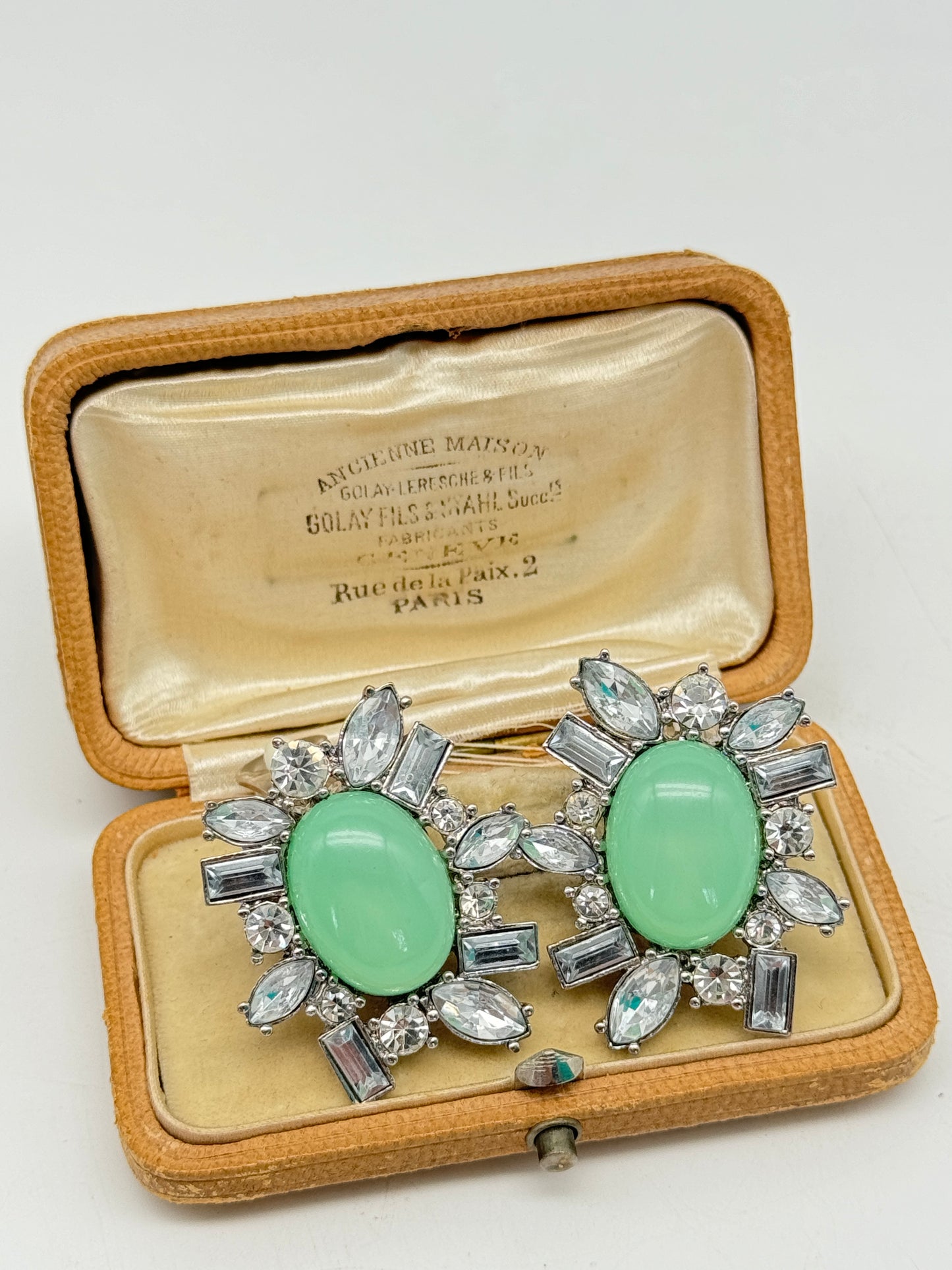 Vintage Arnold SCAASI Green FAUX JADE Clear Rhinestone Clip-on Earrings