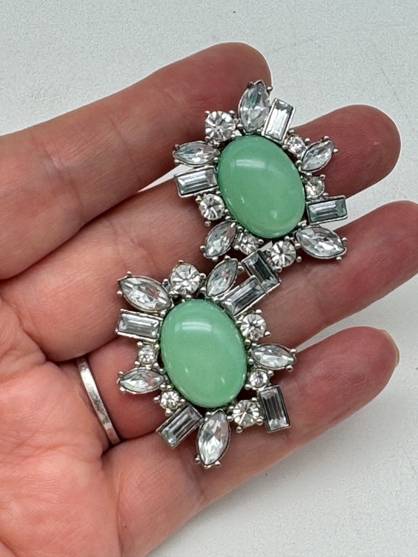 Vintage Arnold SCAASI Green FAUX JADE Clear Rhinestone Clip-on Earrings