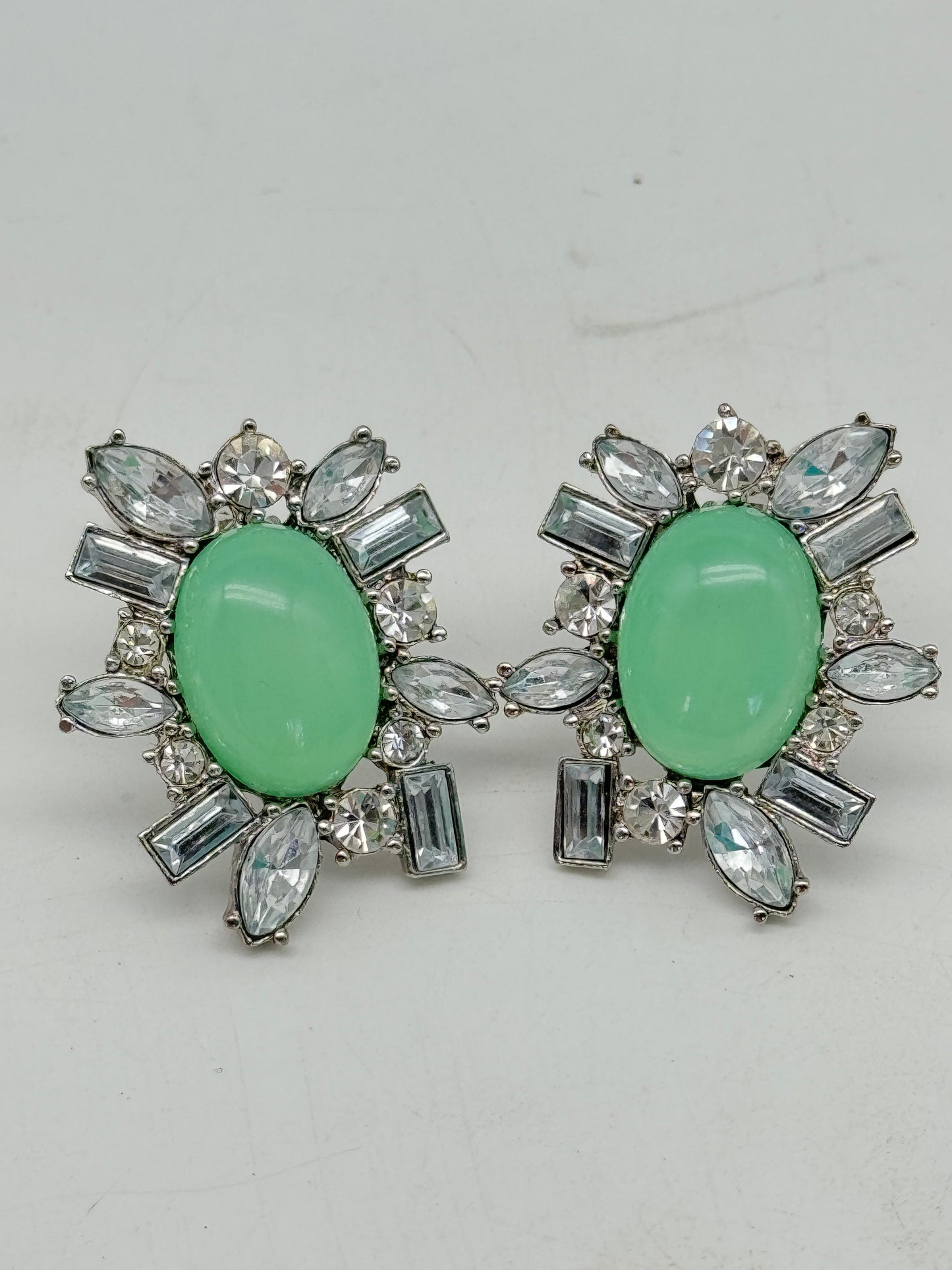 Vintage Arnold SCAASI Green FAUX JADE Clear Rhinestone Clip-on Earrings
