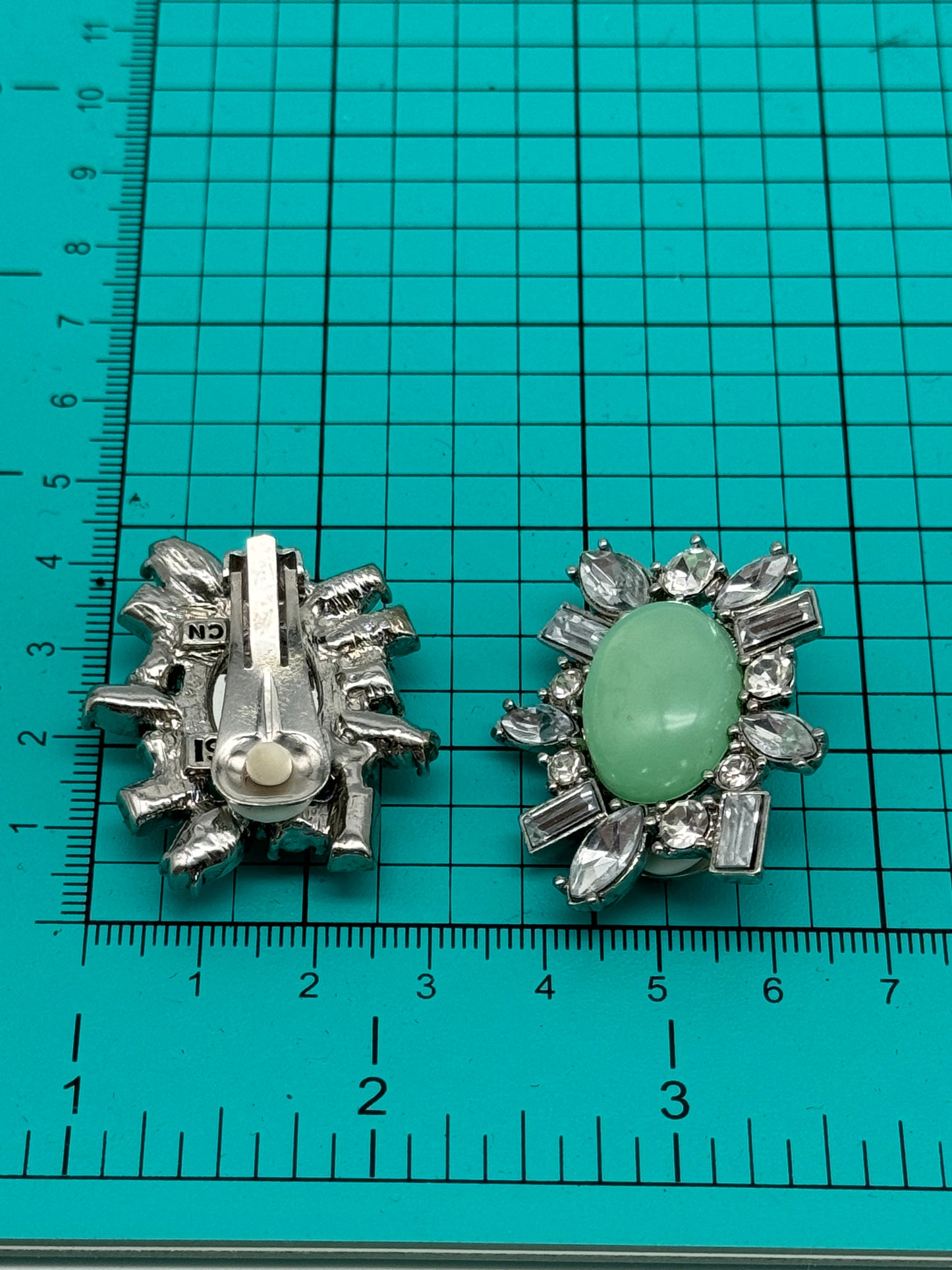 Vintage Arnold SCAASI Green FAUX JADE Clear Rhinestone Clip-on Earrings