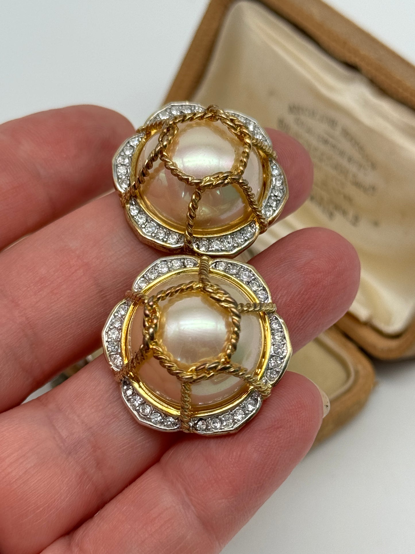 Vintage Faux Pearl Rhinestone Gold Tone Clip-On Earrings SIGNED D