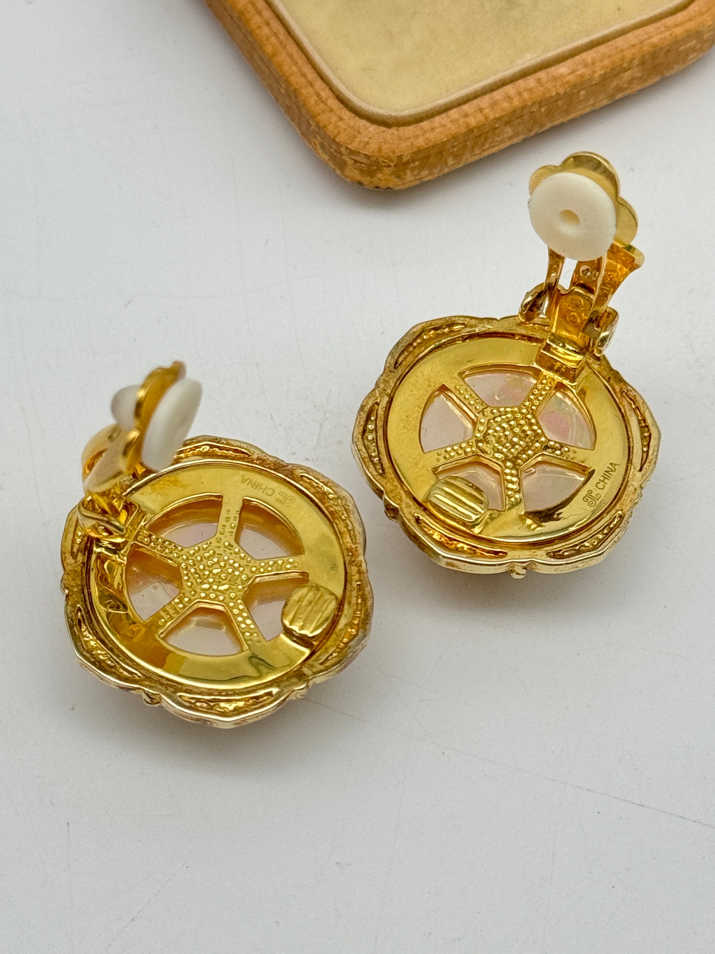 Vintage Faux Pearl Rhinestone Gold Tone Clip-On Earrings SIGNED D