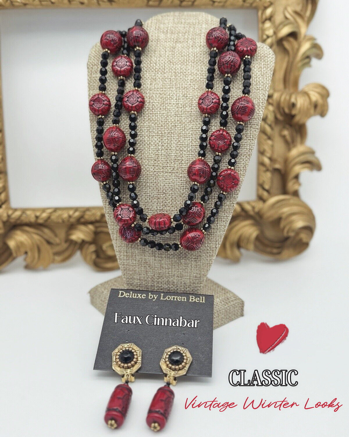 Faux Cinnabar Black Jet Deluxe By Lorren Bell Necklace 17”l With Earrings 2.25”