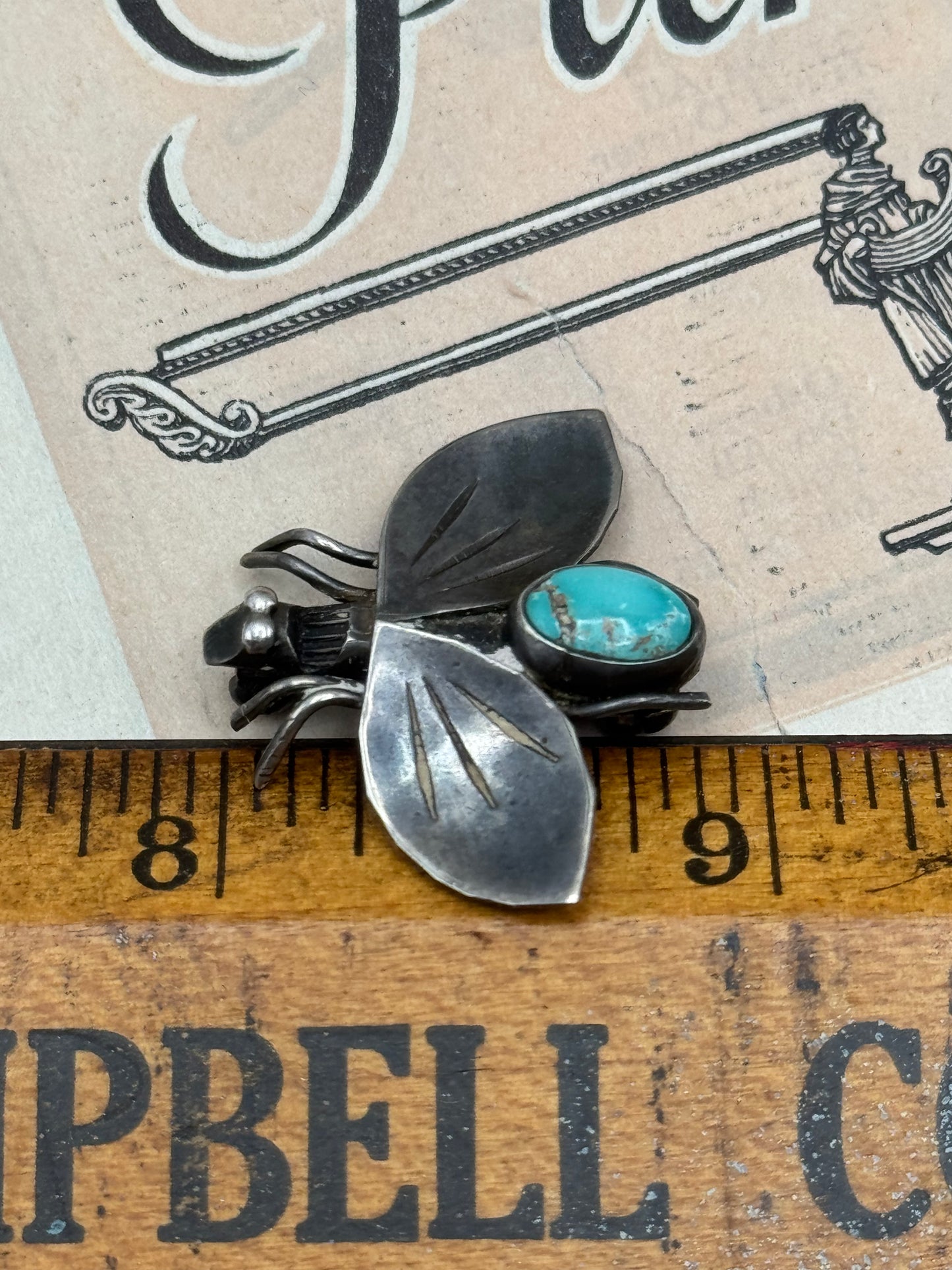 Artisan BEE SILVER Tested “Bug” Brooch Turquoise Color Stone Hand Made ESTATE FIND