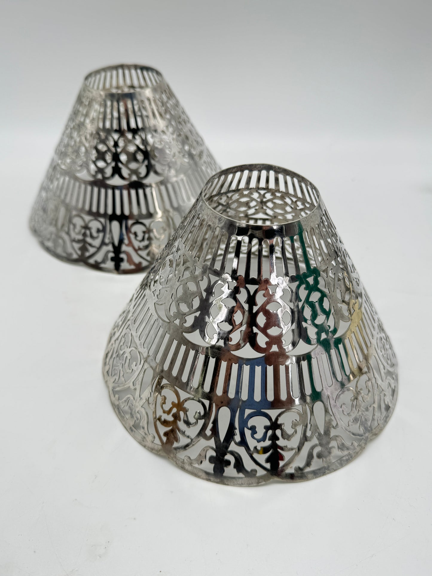 Pair of Vintage Reticulated Silver Plate Gorham Lamp Shades with Gorham Shade Holders